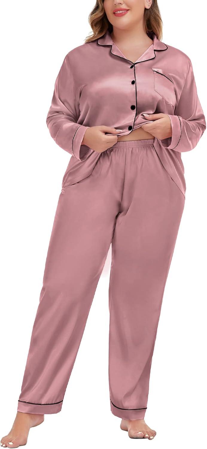 imageSWOMOG Womens Plus Size Pajamas Silky Pajama Set Button Down Sleepwear Classic Silk Pj Set Ladies Two Piece Loungewear SetMisty Rose