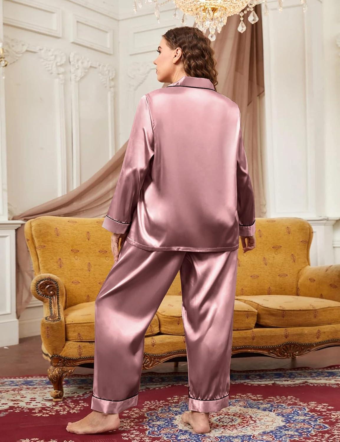imageSWOMOG Womens Plus Size Pajamas Silky Pajama Set Button Down Sleepwear Classic Silk Pj Set Ladies Two Piece Loungewear SetMisty Rose