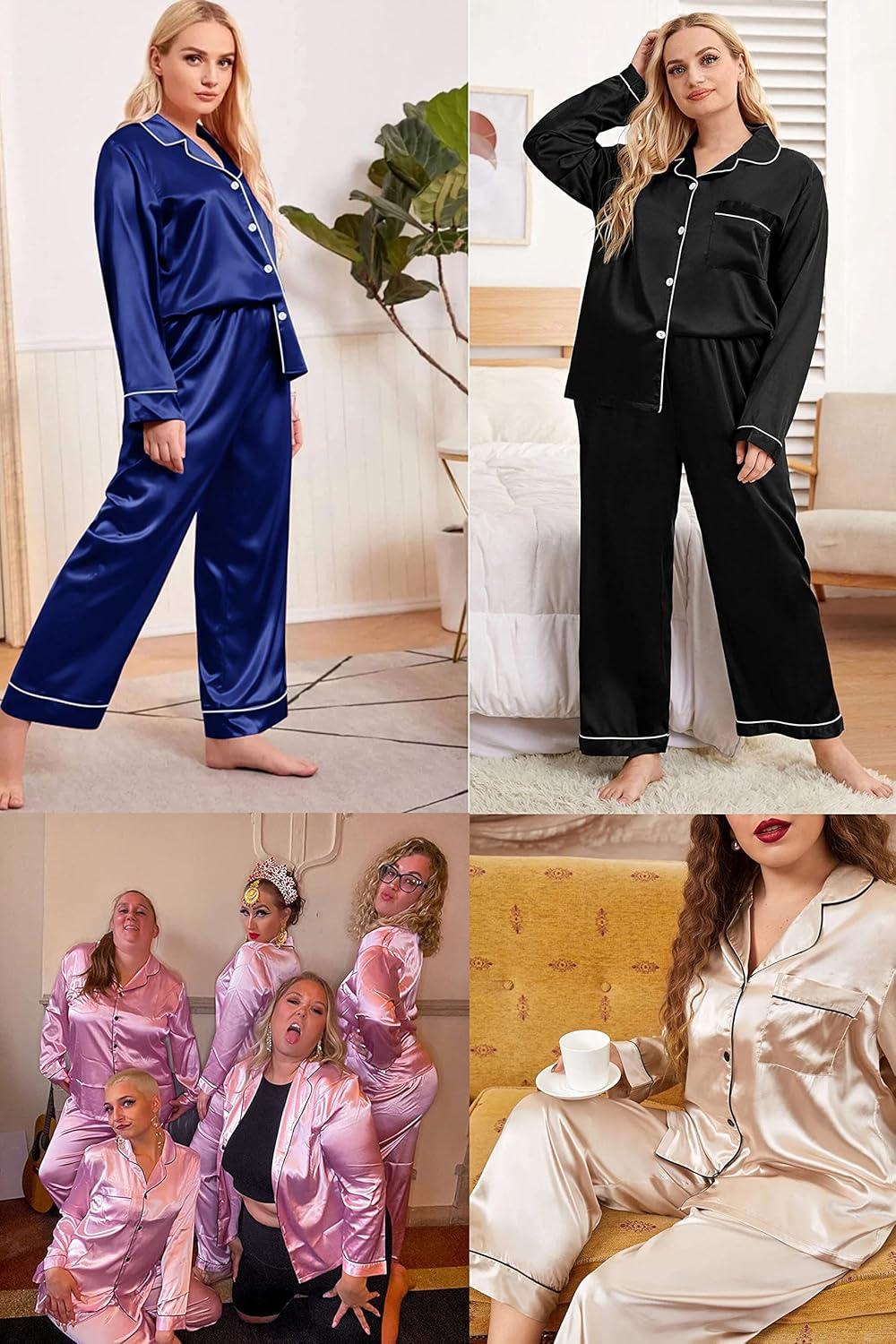 imageSWOMOG Womens Plus Size Pajamas Silky Pajama Set Button Down Sleepwear Classic Silk Pj Set Ladies Two Piece Loungewear SetNavy Blue