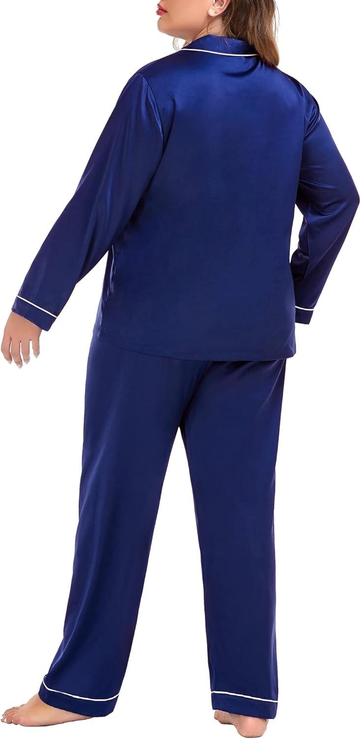 imageSWOMOG Womens Plus Size Pajamas Silky Pajama Set Button Down Sleepwear Classic Silk Pj Set Ladies Two Piece Loungewear SetNavy Blue