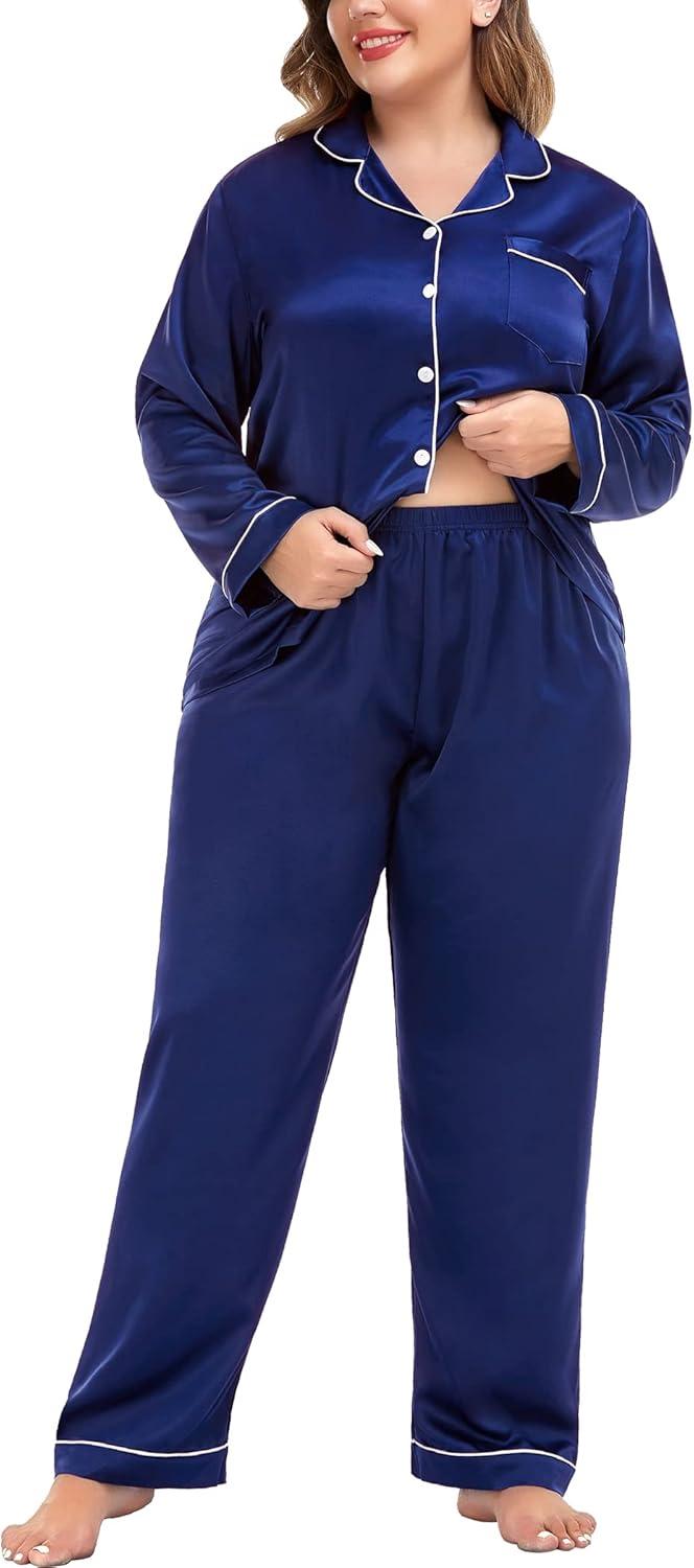 imageSWOMOG Womens Plus Size Pajamas Silky Pajama Set Button Down Sleepwear Classic Silk Pj Set Ladies Two Piece Loungewear SetNavy Blue