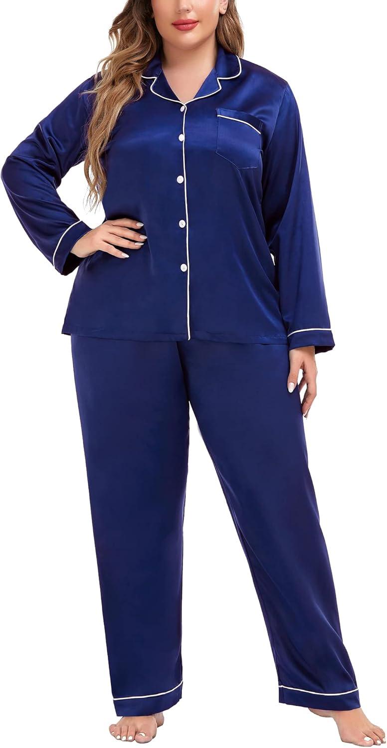 imageSWOMOG Womens Plus Size Pajamas Silky Pajama Set Button Down Sleepwear Classic Silk Pj Set Ladies Two Piece Loungewear SetNavy Blue