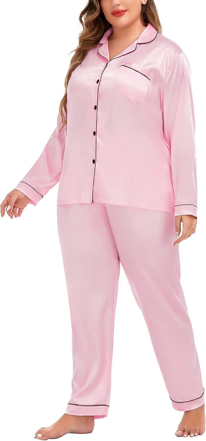 imageSWOMOG Womens Plus Size Pajamas Silky Pajama Set Button Down Sleepwear Classic Silk Pj Set Ladies Two Piece Loungewear SetPink