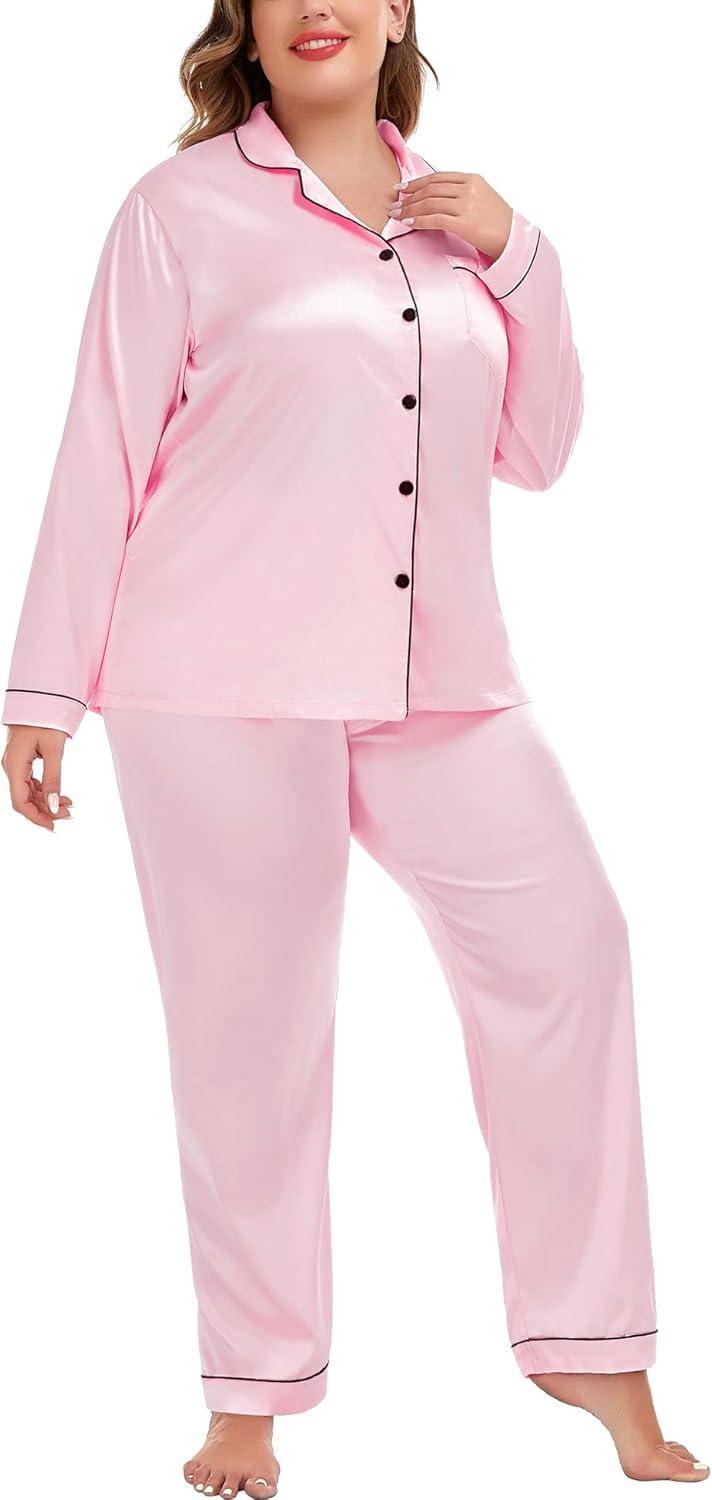imageSWOMOG Womens Plus Size Pajamas Silky Pajama Set Button Down Sleepwear Classic Silk Pj Set Ladies Two Piece Loungewear SetPink