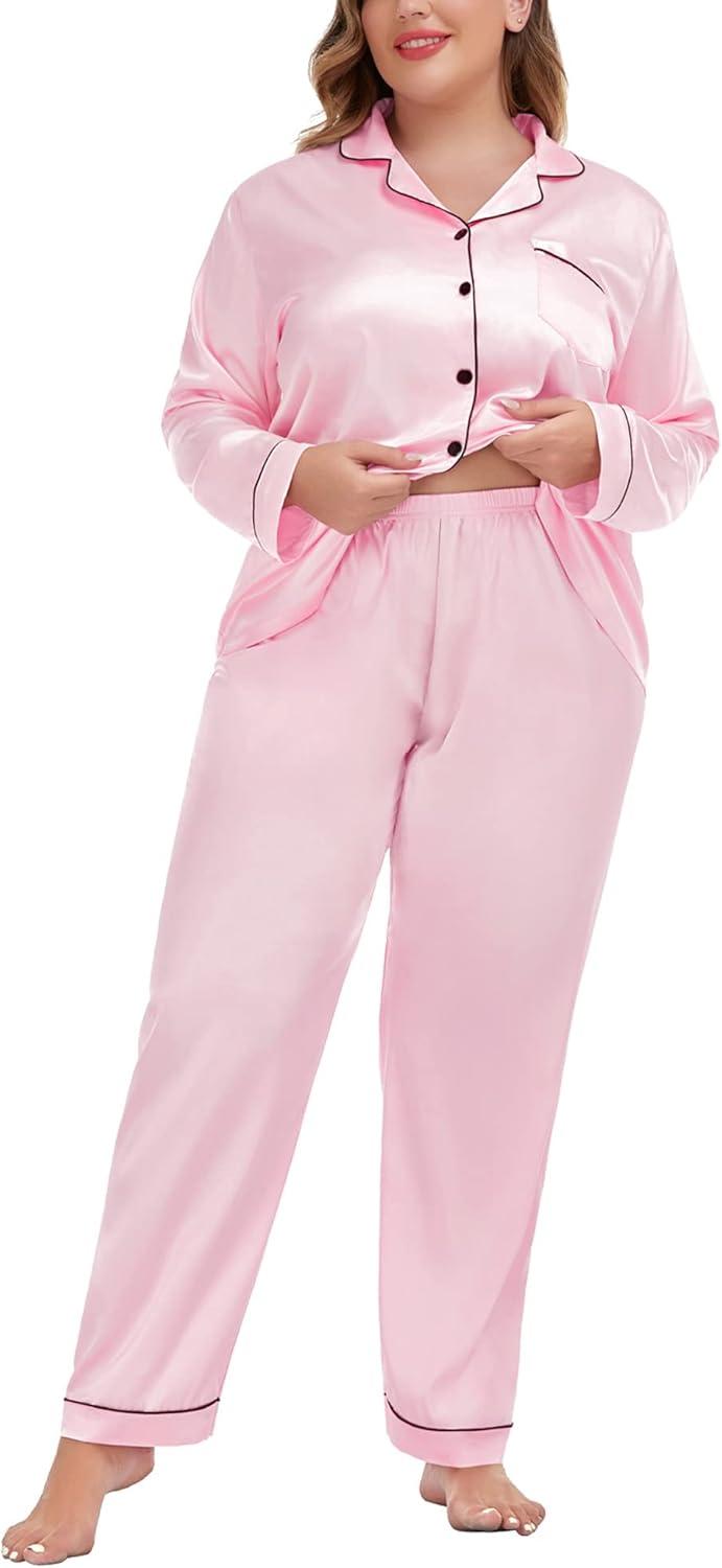 imageSWOMOG Womens Plus Size Pajamas Silky Pajama Set Button Down Sleepwear Classic Silk Pj Set Ladies Two Piece Loungewear SetPink