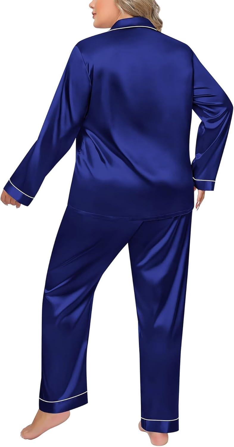 imageSWOMOG Womens Plus Size Pajamas Silky Pajama Set Button Down Sleepwear Classic Silk Pj Set Ladies Two Piece Loungewear SetPippingberry Blue
