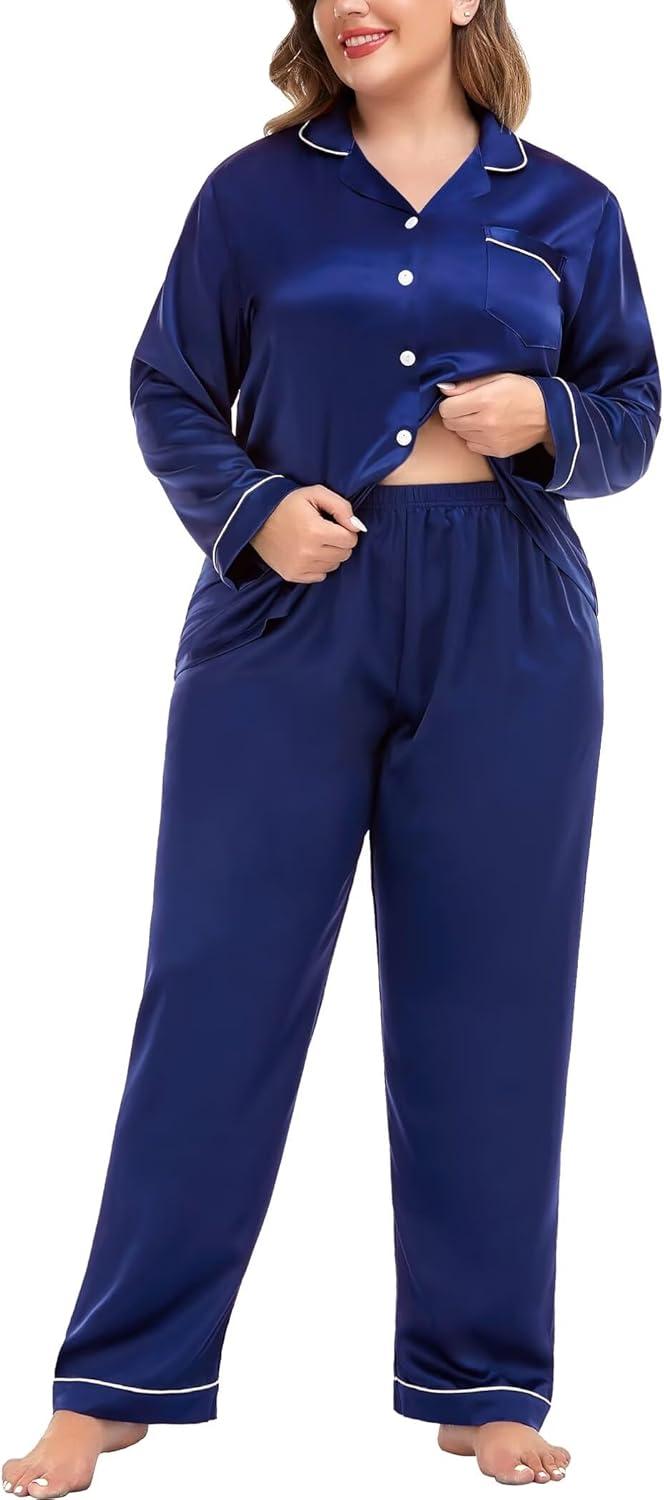 imageSWOMOG Womens Plus Size Pajamas Silky Pajama Set Button Down Sleepwear Classic Silk Pj Set Ladies Two Piece Loungewear SetPippingberry Blue