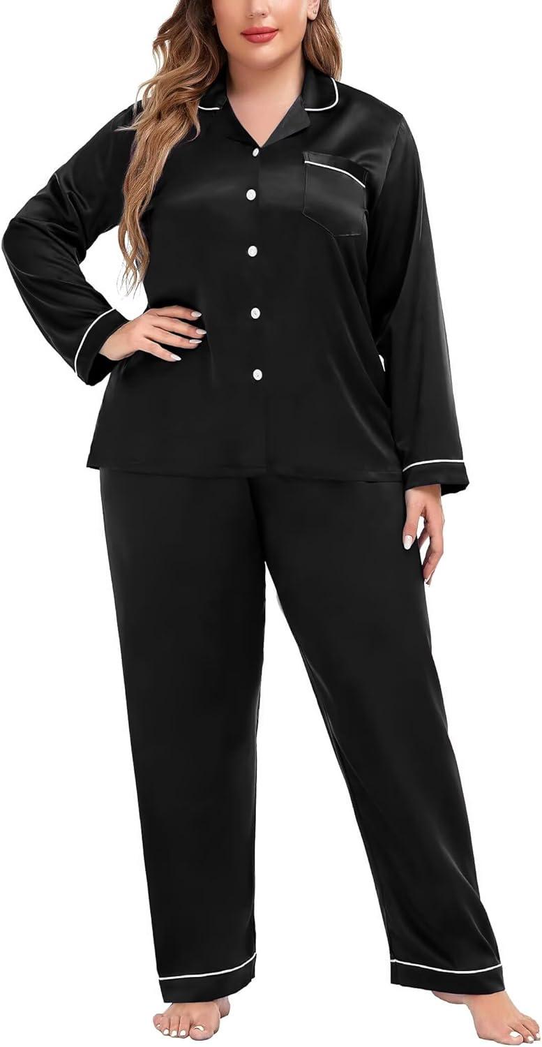imageSWOMOG Womens Plus Size Pajamas Silky Pajama Set Button Down Sleepwear Classic Silk Pj Set Ladies Two Piece Loungewear SetPippingcarbon Black