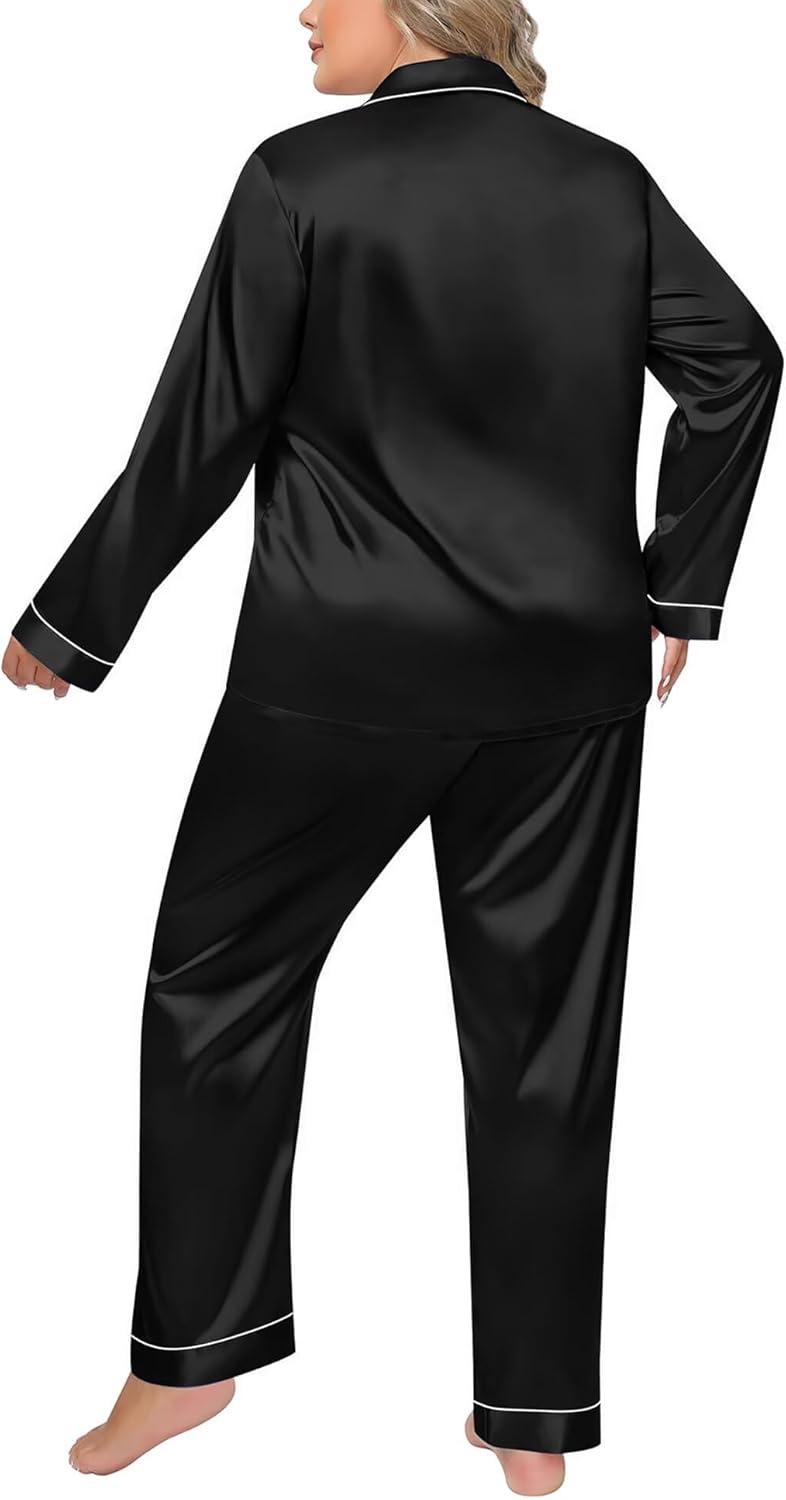 imageSWOMOG Womens Plus Size Pajamas Silky Pajama Set Button Down Sleepwear Classic Silk Pj Set Ladies Two Piece Loungewear SetPippingcarbon Black