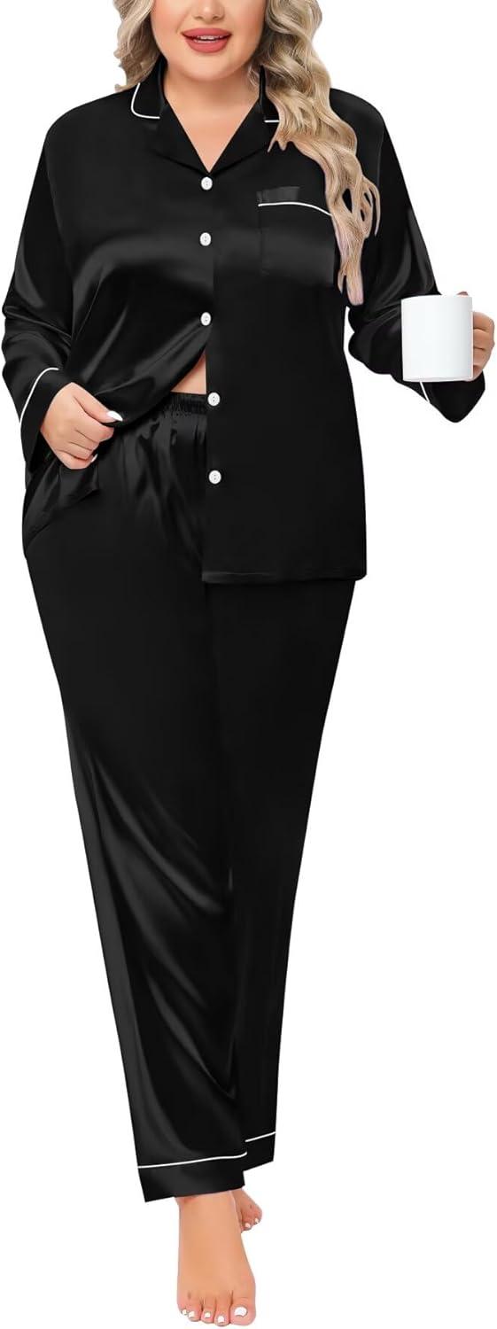 imageSWOMOG Womens Plus Size Pajamas Silky Pajama Set Button Down Sleepwear Classic Silk Pj Set Ladies Two Piece Loungewear SetPippingcarbon Black
