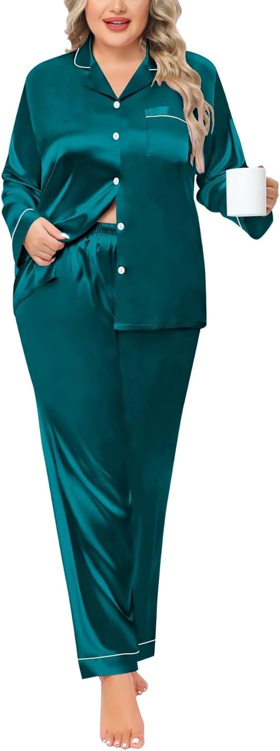 imageSWOMOG Womens Plus Size Pajamas Silky Pajama Set Button Down Sleepwear Classic Silk Pj Set Ladies Two Piece Loungewear SetPippingdeep Green
