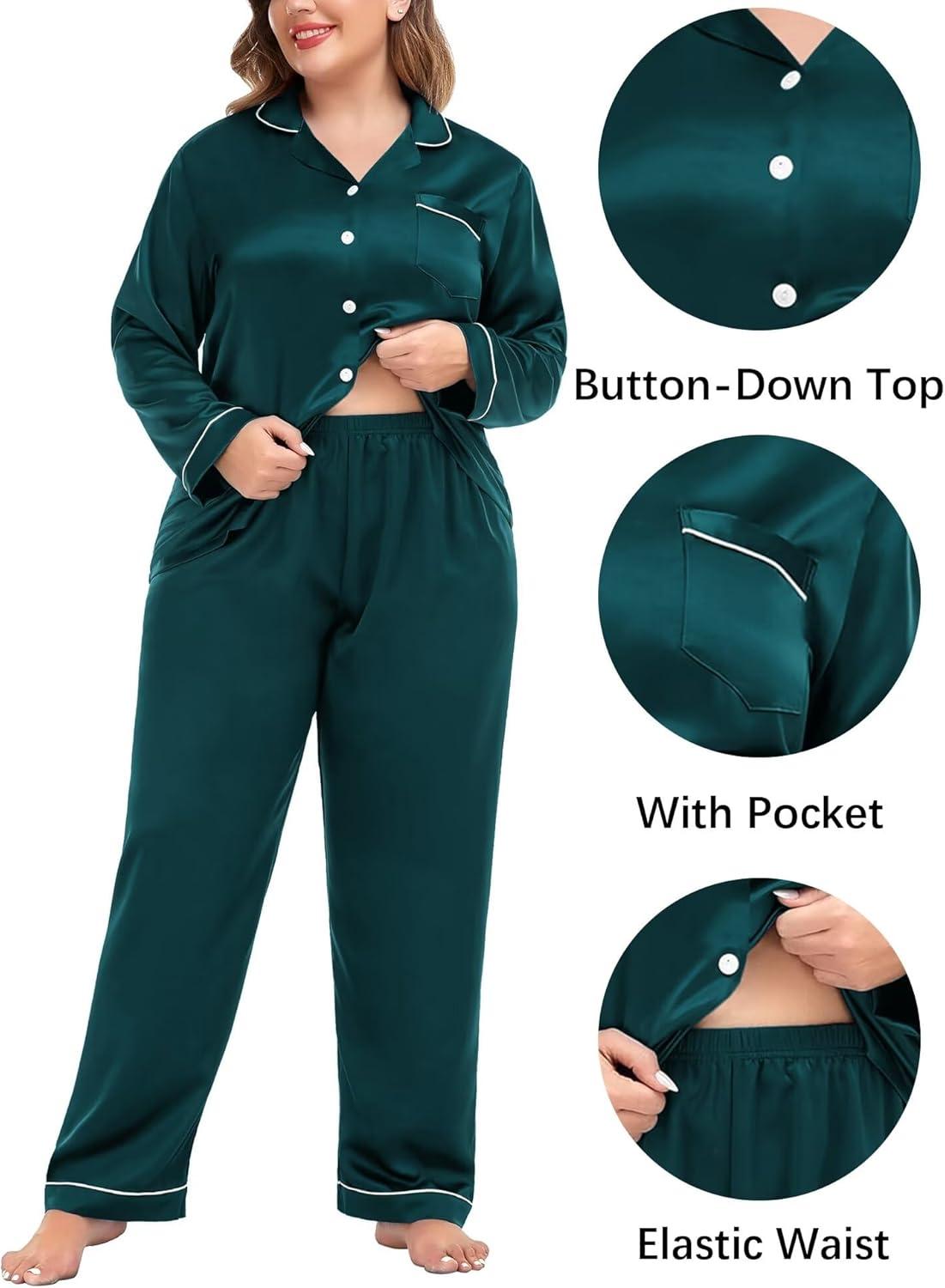 imageSWOMOG Womens Plus Size Pajamas Silky Pajama Set Button Down Sleepwear Classic Silk Pj Set Ladies Two Piece Loungewear SetPippingdeep Green