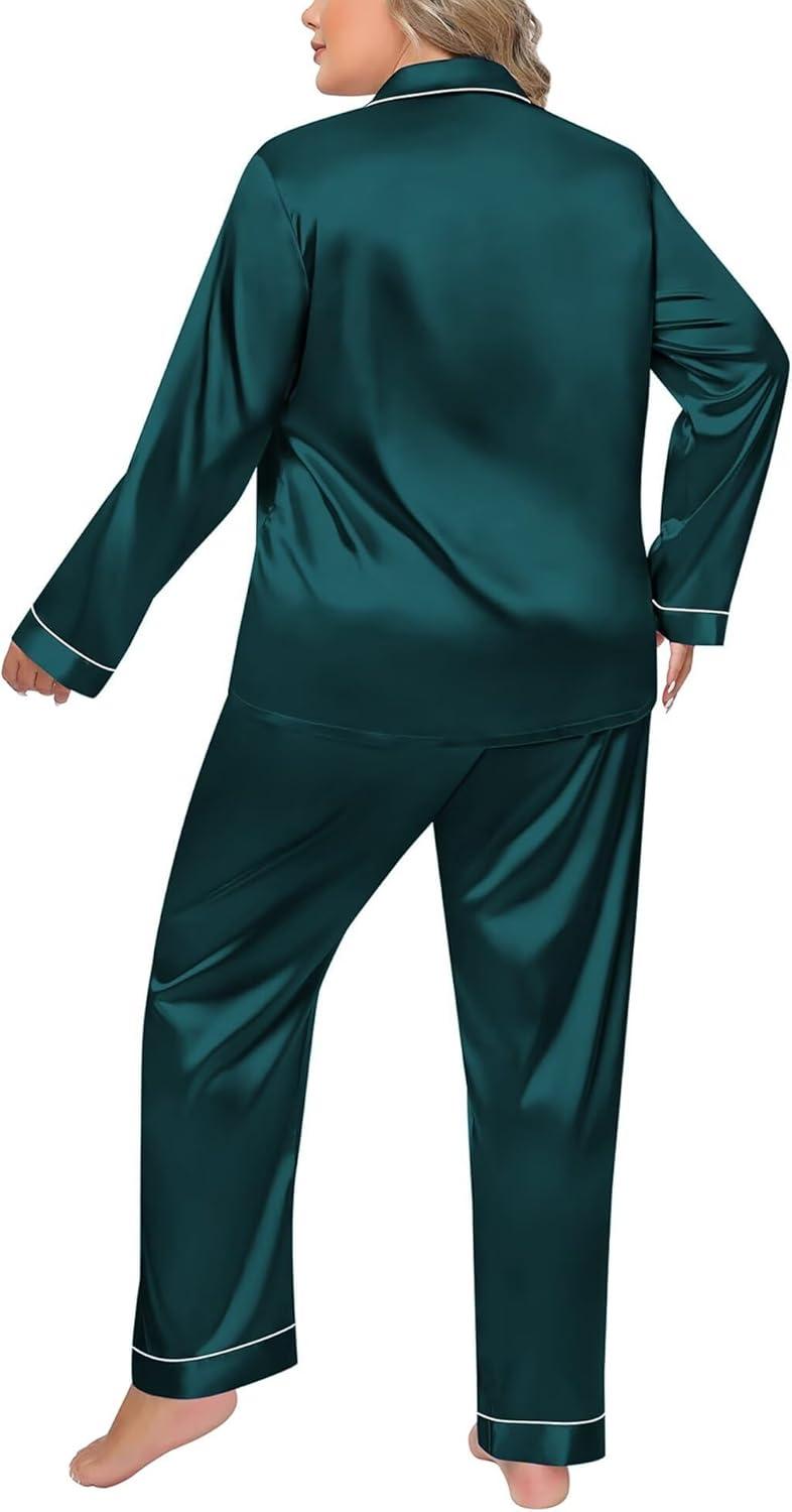 imageSWOMOG Womens Plus Size Pajamas Silky Pajama Set Button Down Sleepwear Classic Silk Pj Set Ladies Two Piece Loungewear SetPippingdeep Green
