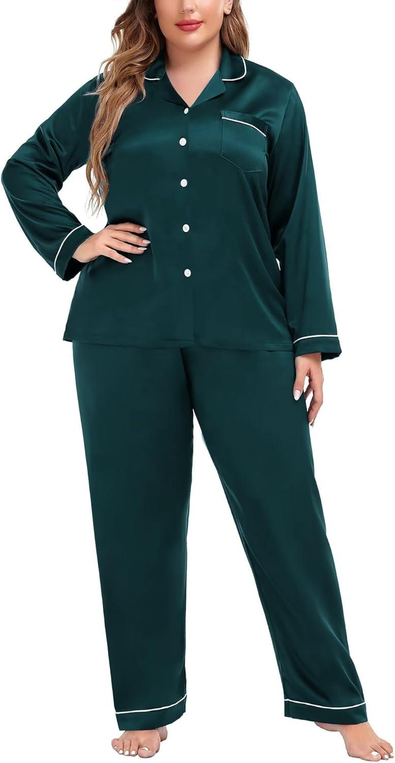 imageSWOMOG Womens Plus Size Pajamas Silky Pajama Set Button Down Sleepwear Classic Silk Pj Set Ladies Two Piece Loungewear SetPippingdeep Green