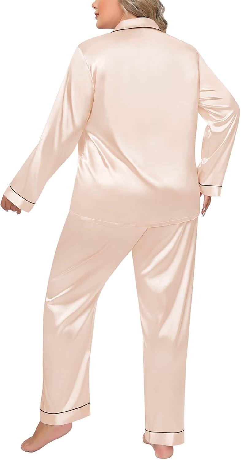 imageSWOMOG Womens Plus Size Pajamas Silky Pajama Set Button Down Sleepwear Classic Silk Pj Set Ladies Two Piece Loungewear SetPippinglight Gold