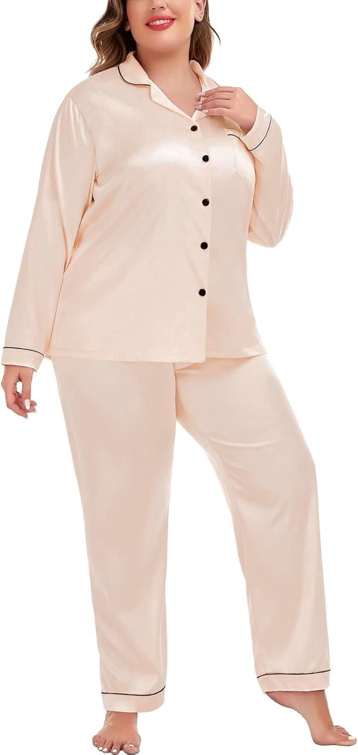 imageSWOMOG Womens Plus Size Pajamas Silky Pajama Set Button Down Sleepwear Classic Silk Pj Set Ladies Two Piece Loungewear SetPippinglight Gold
