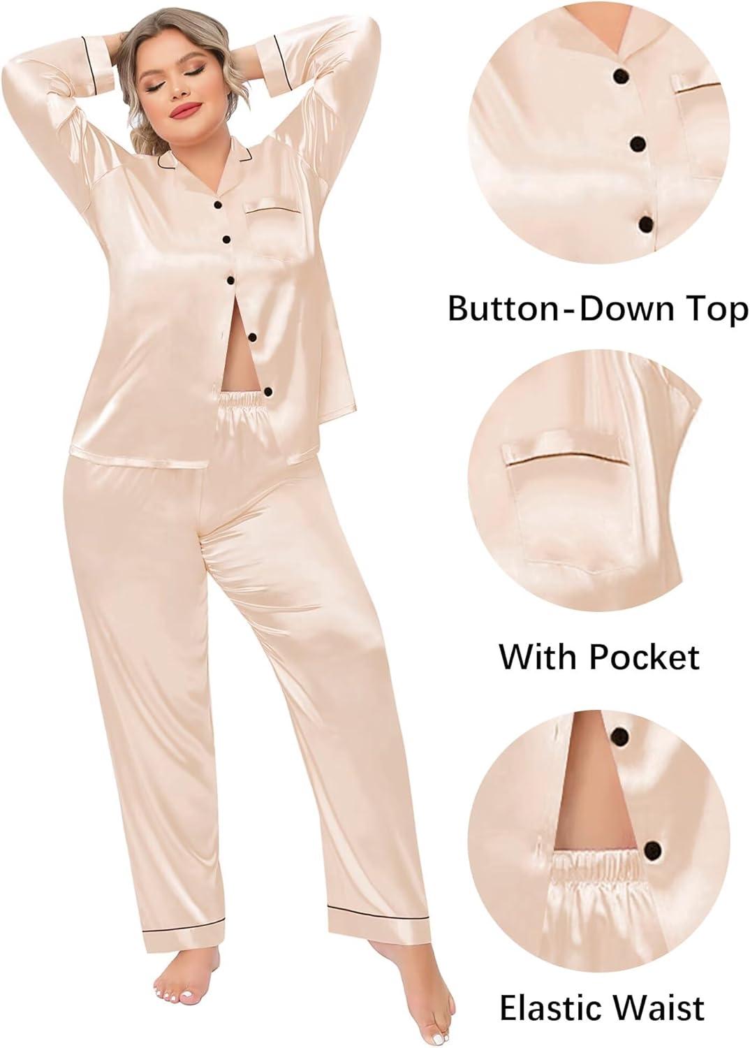 imageSWOMOG Womens Plus Size Pajamas Silky Pajama Set Button Down Sleepwear Classic Silk Pj Set Ladies Two Piece Loungewear SetPippinglight Gold