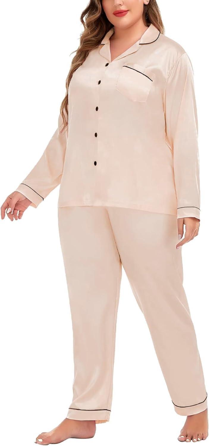 imageSWOMOG Womens Plus Size Pajamas Silky Pajama Set Button Down Sleepwear Classic Silk Pj Set Ladies Two Piece Loungewear SetPippinglight Gold