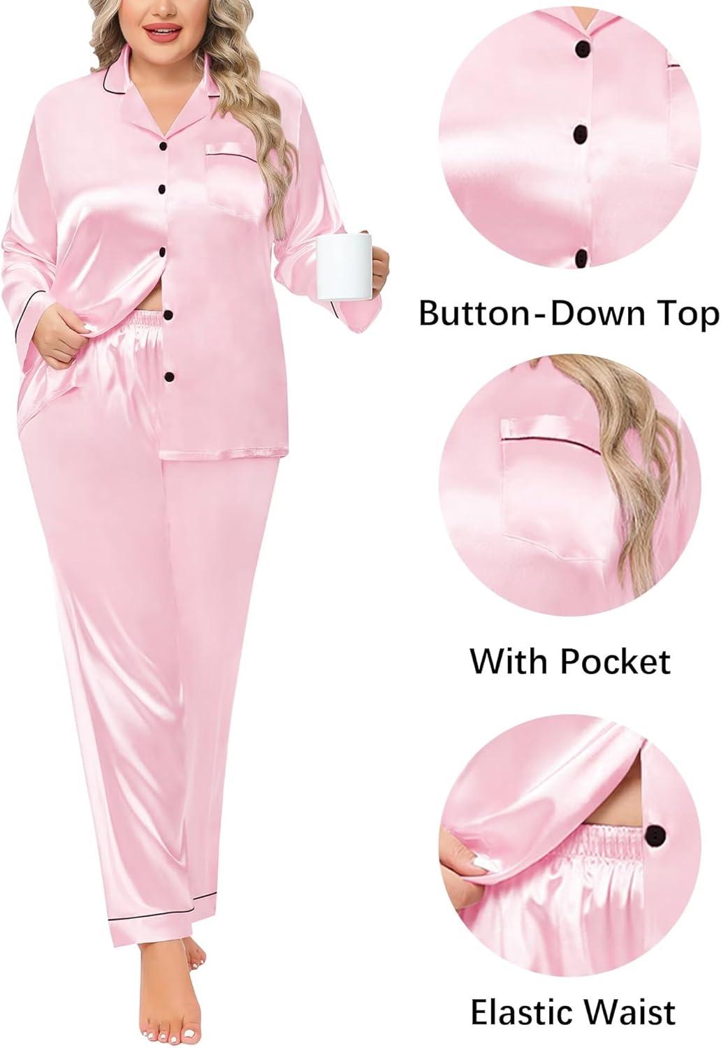 imageSWOMOG Womens Plus Size Pajamas Silky Pajama Set Button Down Sleepwear Classic Silk Pj Set Ladies Two Piece Loungewear SetPippinglight Pink