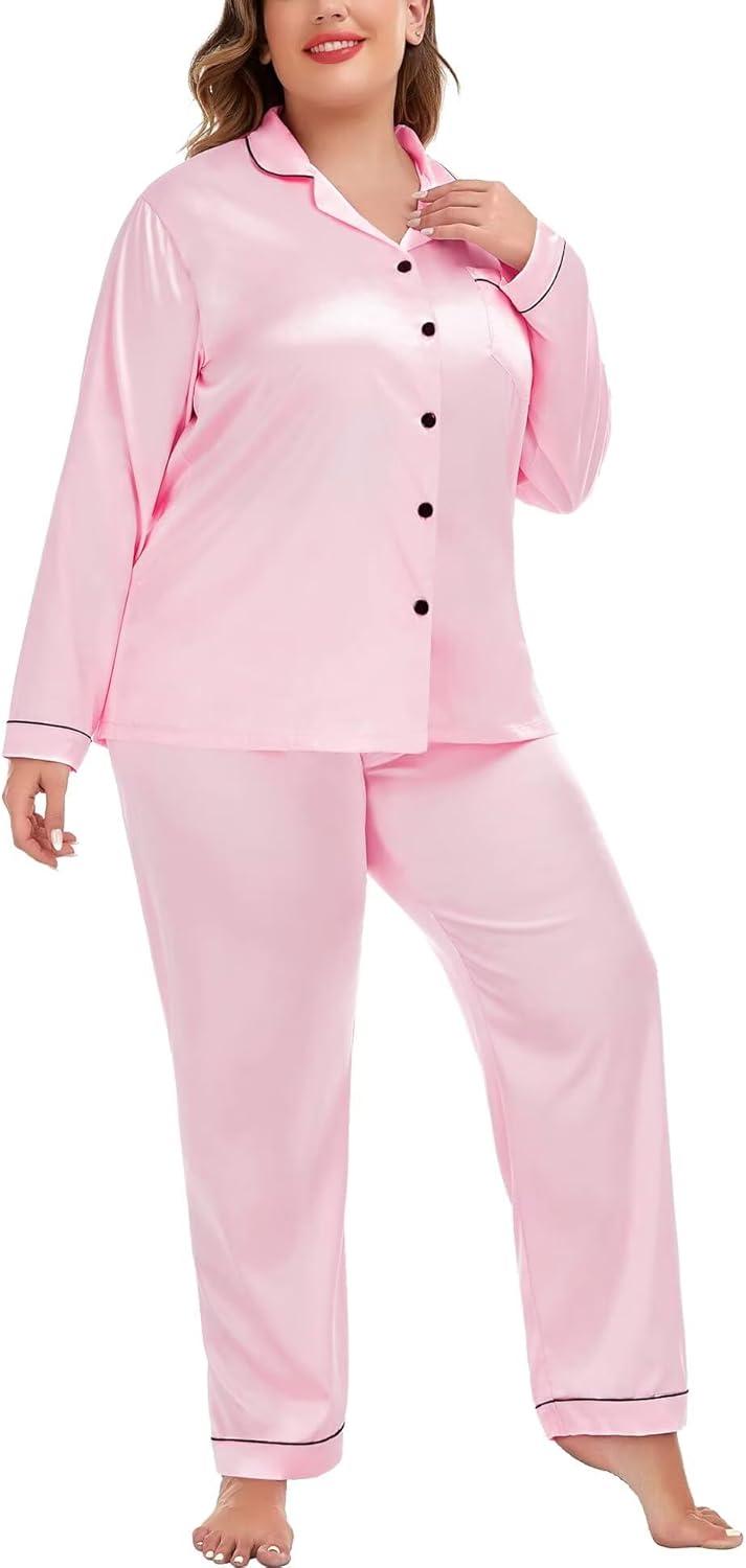 imageSWOMOG Womens Plus Size Pajamas Silky Pajama Set Button Down Sleepwear Classic Silk Pj Set Ladies Two Piece Loungewear SetPippinglight Pink