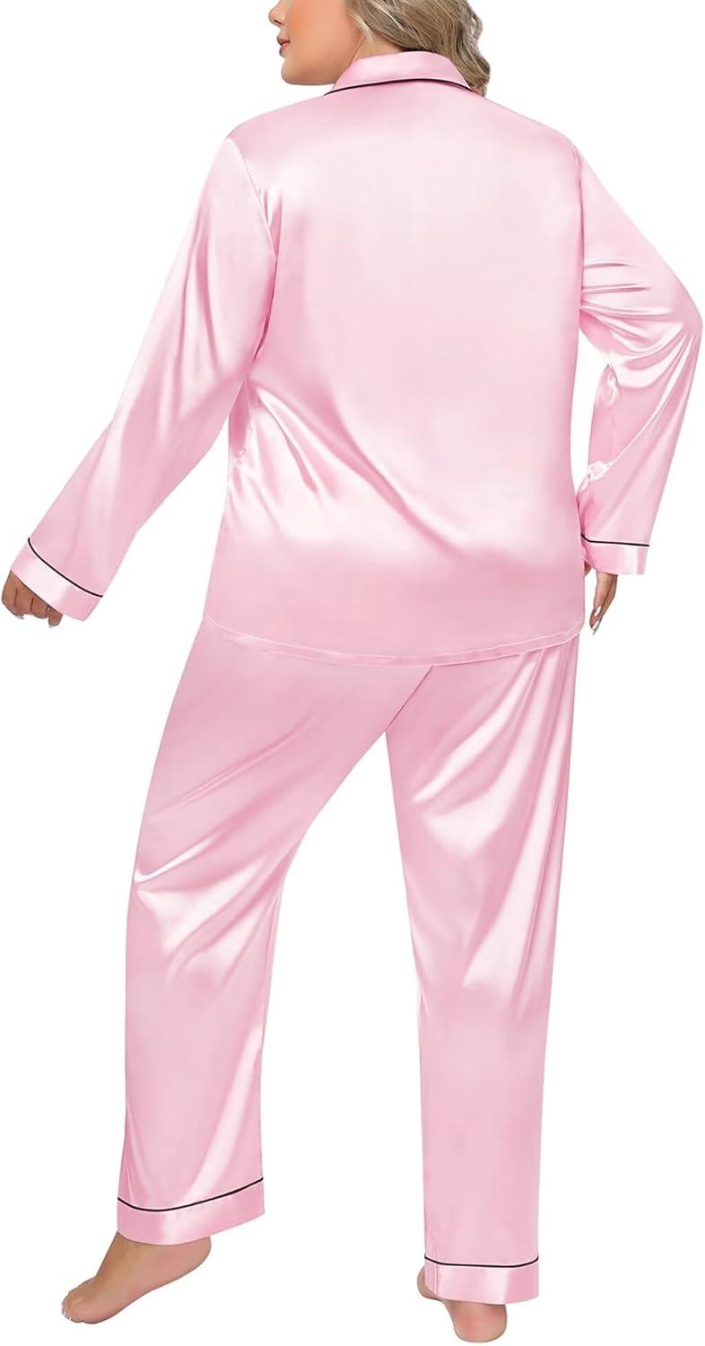 imageSWOMOG Womens Plus Size Pajamas Silky Pajama Set Button Down Sleepwear Classic Silk Pj Set Ladies Two Piece Loungewear SetPippinglight Pink