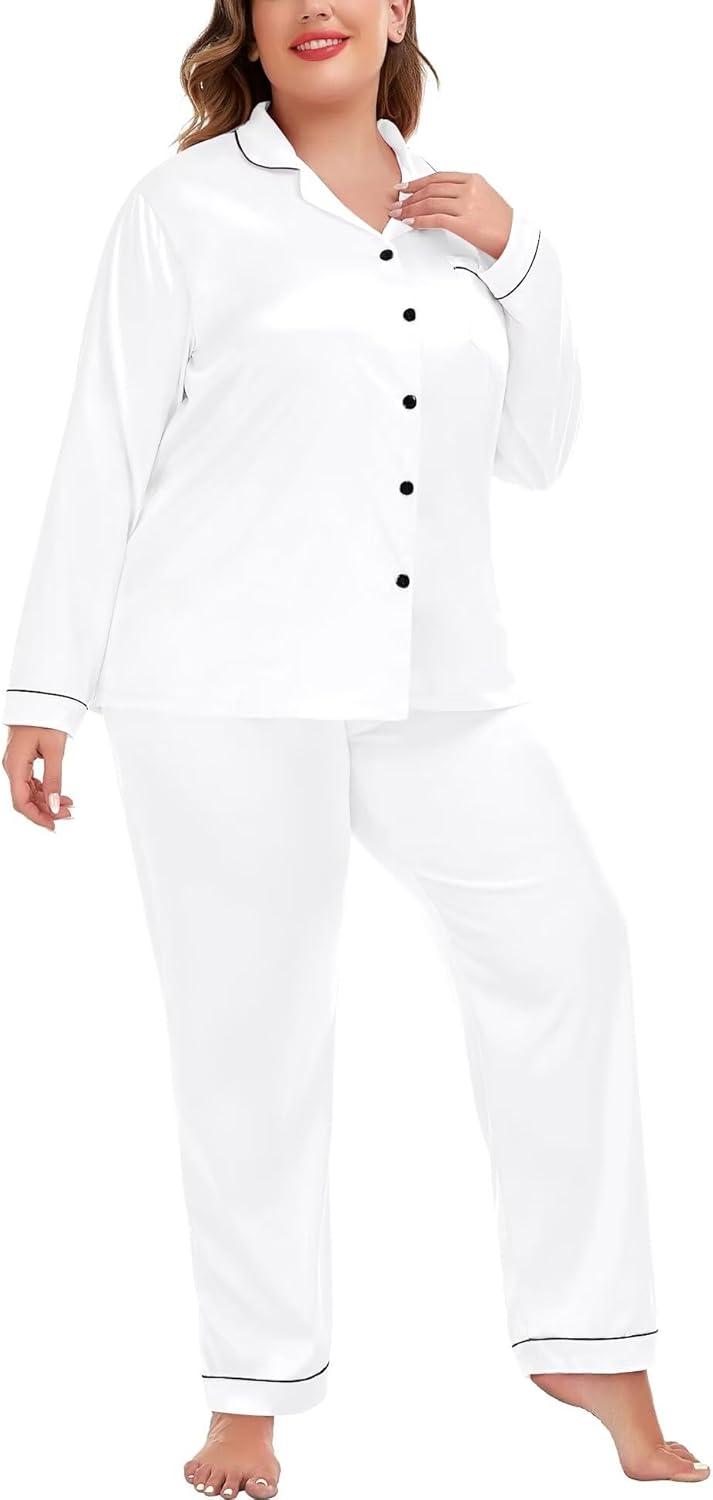 imageSWOMOG Womens Plus Size Pajamas Silky Pajama Set Button Down Sleepwear Classic Silk Pj Set Ladies Two Piece Loungewear SetPippingsnow White