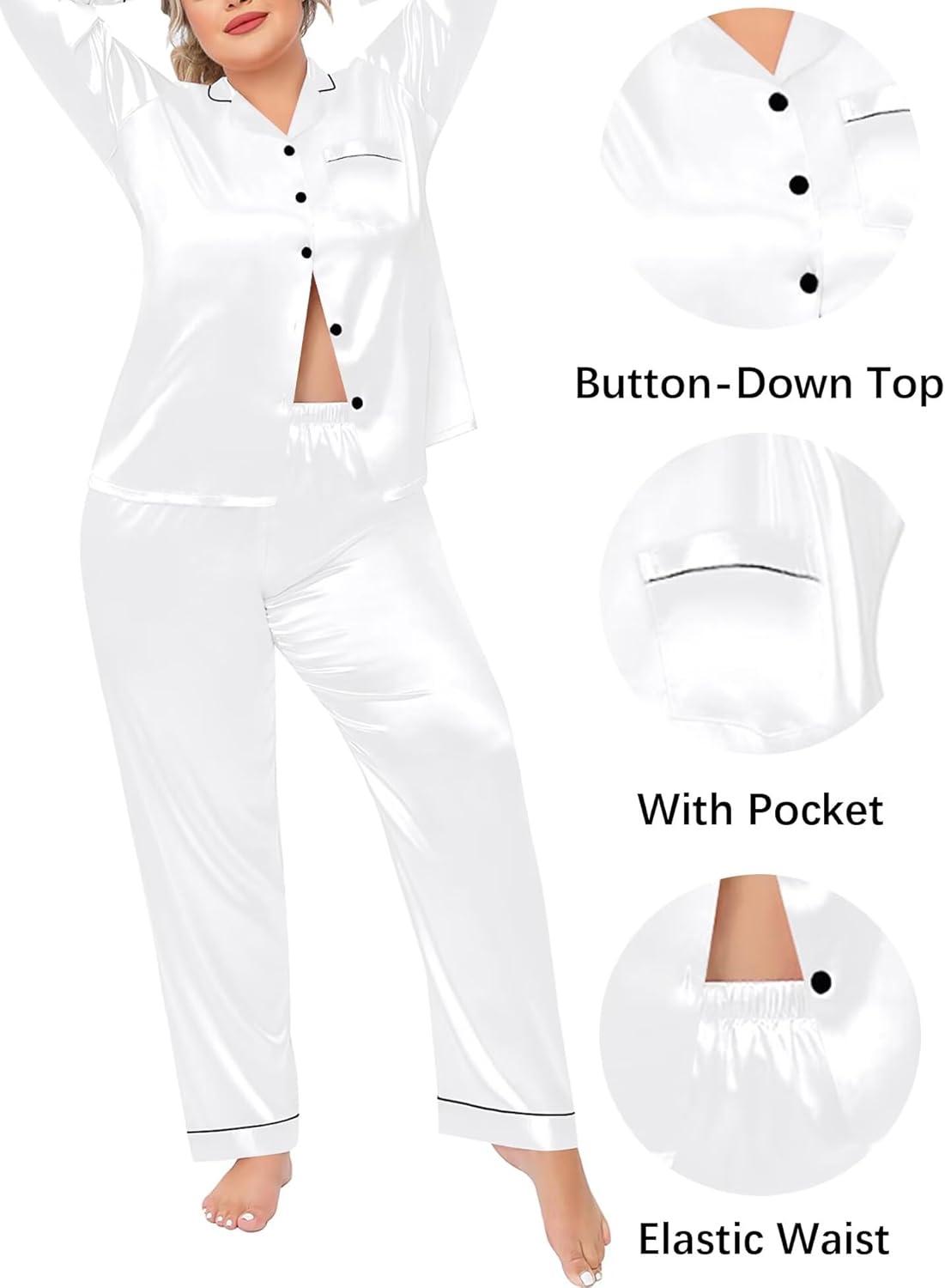 imageSWOMOG Womens Plus Size Pajamas Silky Pajama Set Button Down Sleepwear Classic Silk Pj Set Ladies Two Piece Loungewear SetPippingsnow White