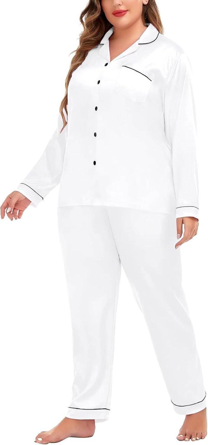 imageSWOMOG Womens Plus Size Pajamas Silky Pajama Set Button Down Sleepwear Classic Silk Pj Set Ladies Two Piece Loungewear SetPippingsnow White