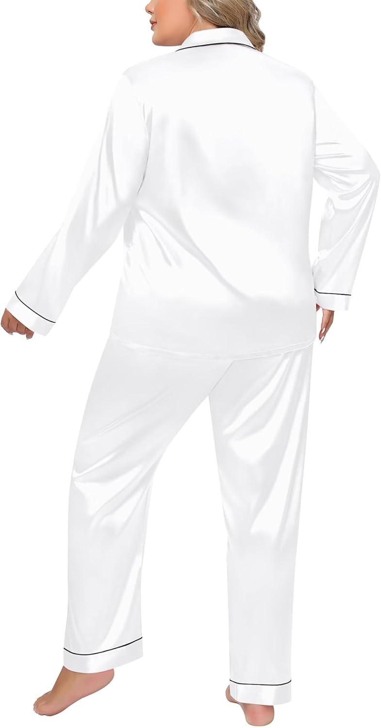 imageSWOMOG Womens Plus Size Pajamas Silky Pajama Set Button Down Sleepwear Classic Silk Pj Set Ladies Two Piece Loungewear SetPippingsnow White