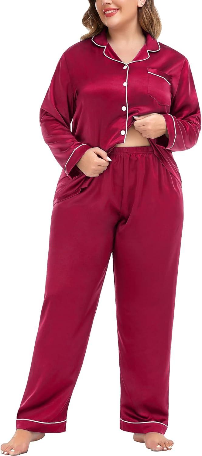 imageSWOMOG Womens Plus Size Pajamas Silky Pajama Set Button Down Sleepwear Classic Silk Pj Set Ladies Two Piece Loungewear SetRed