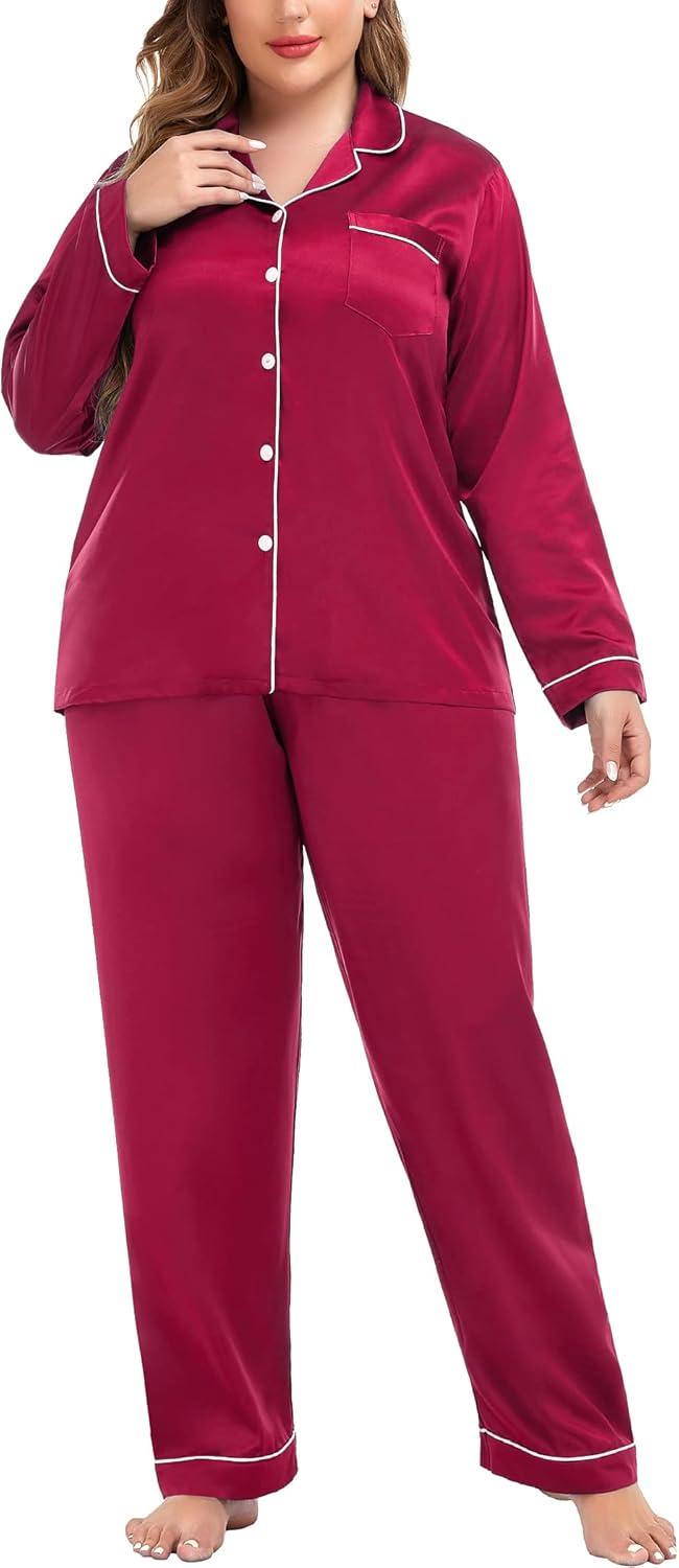 imageSWOMOG Womens Plus Size Pajamas Silky Pajama Set Button Down Sleepwear Classic Silk Pj Set Ladies Two Piece Loungewear SetRed