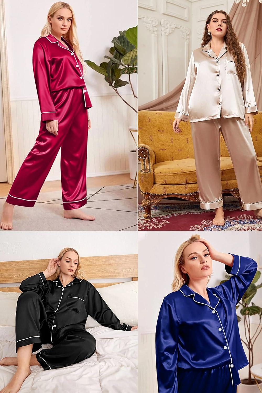 imageSWOMOG Womens Plus Size Pajamas Silky Pajama Set Button Down Sleepwear Classic Silk Pj Set Ladies Two Piece Loungewear SetRed