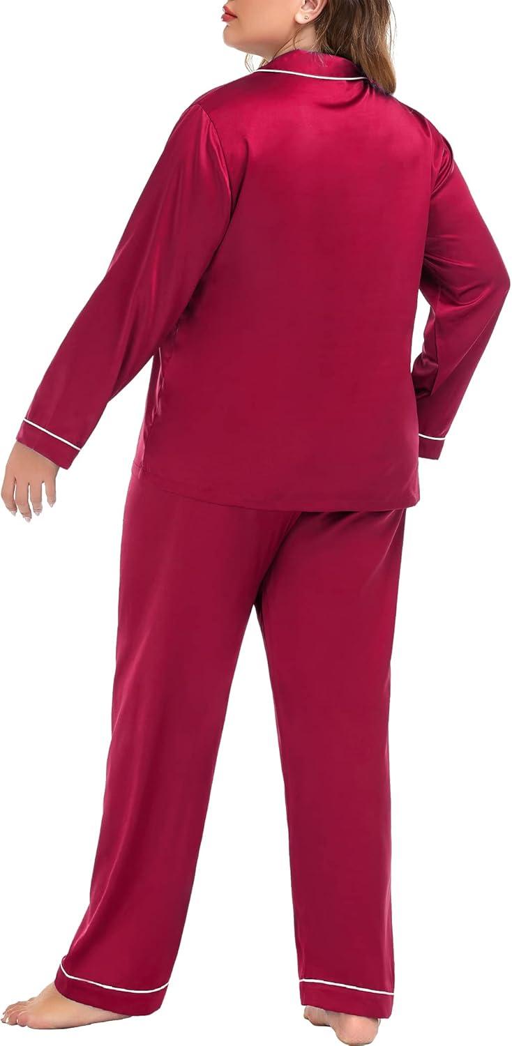 imageSWOMOG Womens Plus Size Pajamas Silky Pajama Set Button Down Sleepwear Classic Silk Pj Set Ladies Two Piece Loungewear SetRed