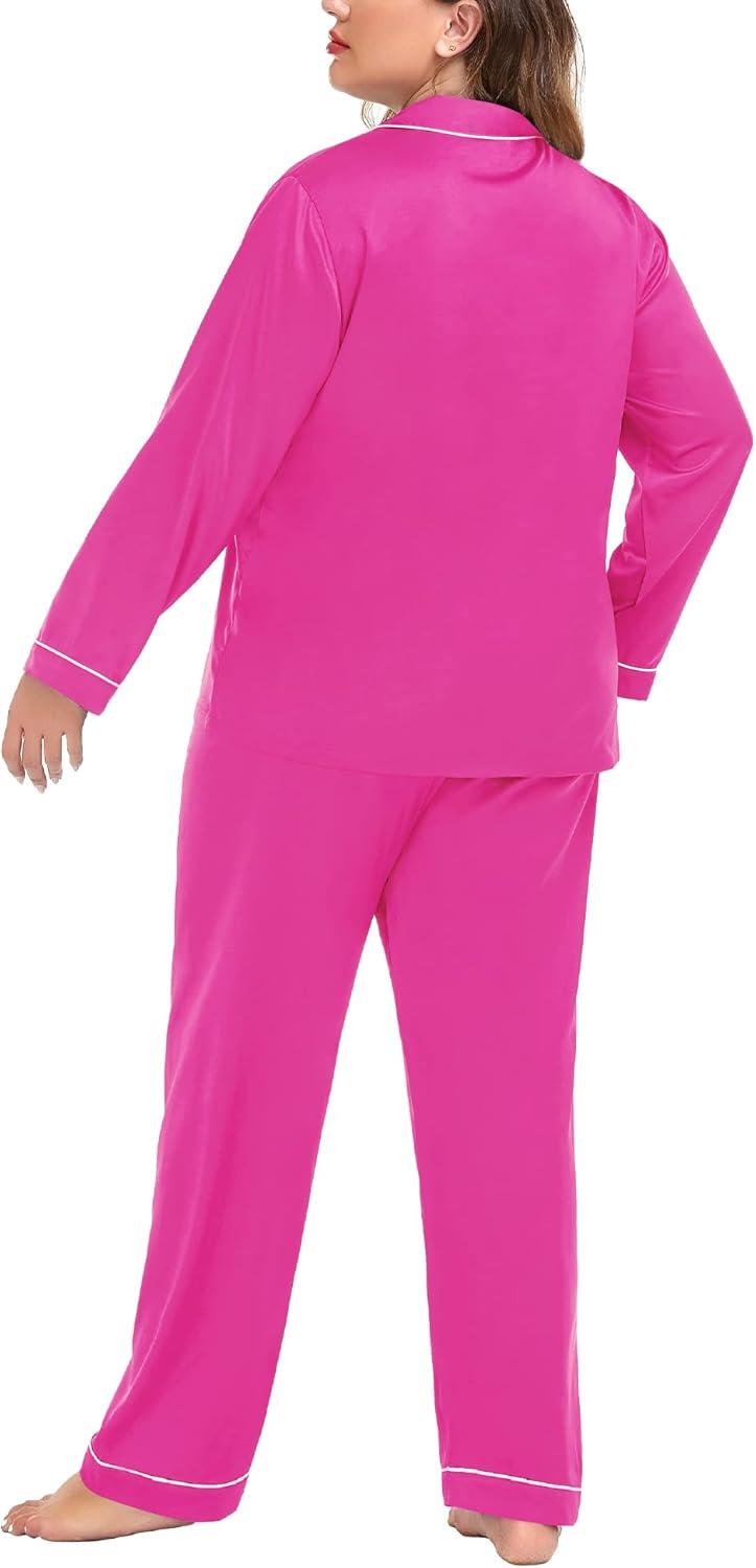 imageSWOMOG Womens Plus Size Pajamas Silky Pajama Set Button Down Sleepwear Classic Silk Pj Set Ladies Two Piece Loungewear SetRose Red