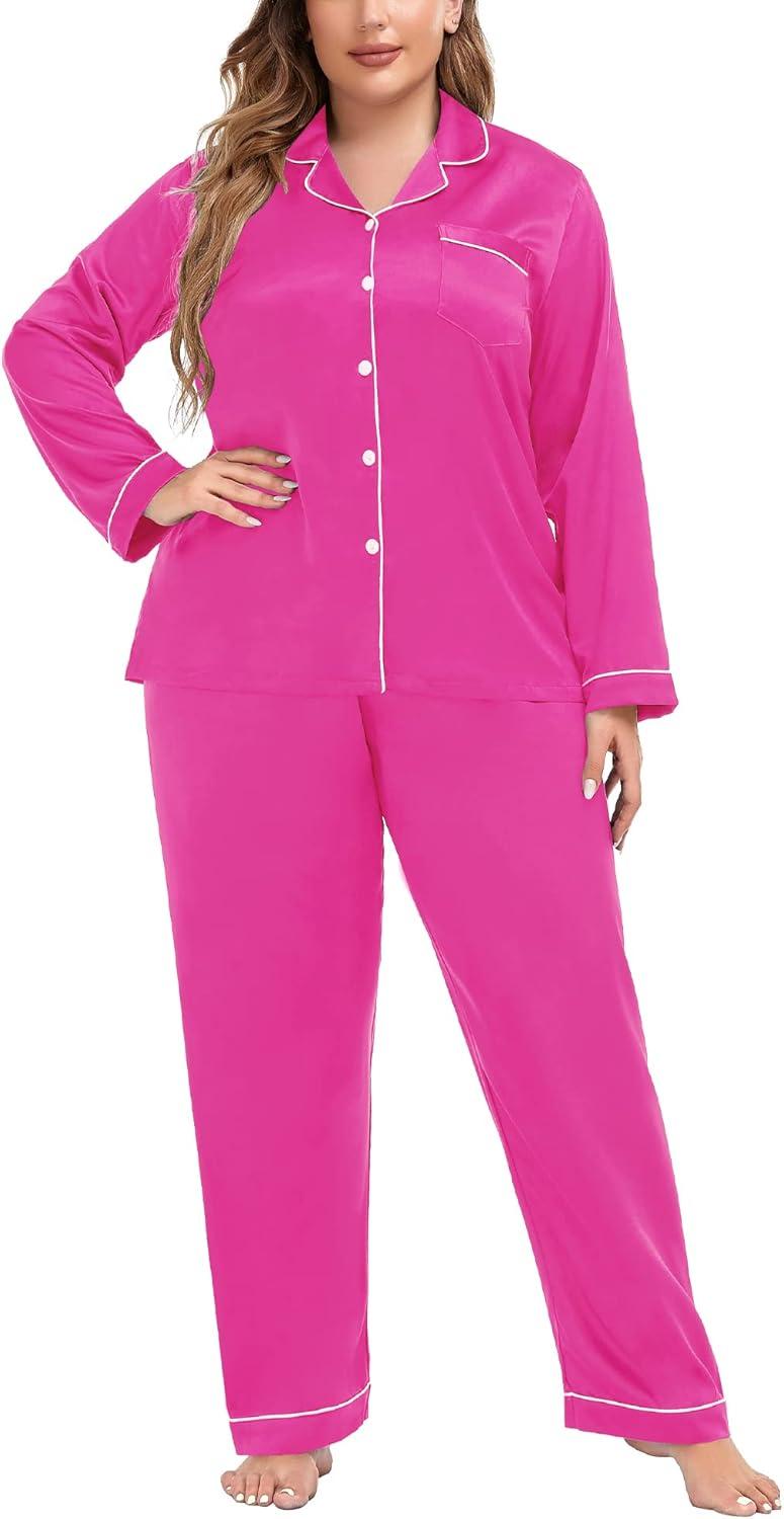 imageSWOMOG Womens Plus Size Pajamas Silky Pajama Set Button Down Sleepwear Classic Silk Pj Set Ladies Two Piece Loungewear SetRose Red