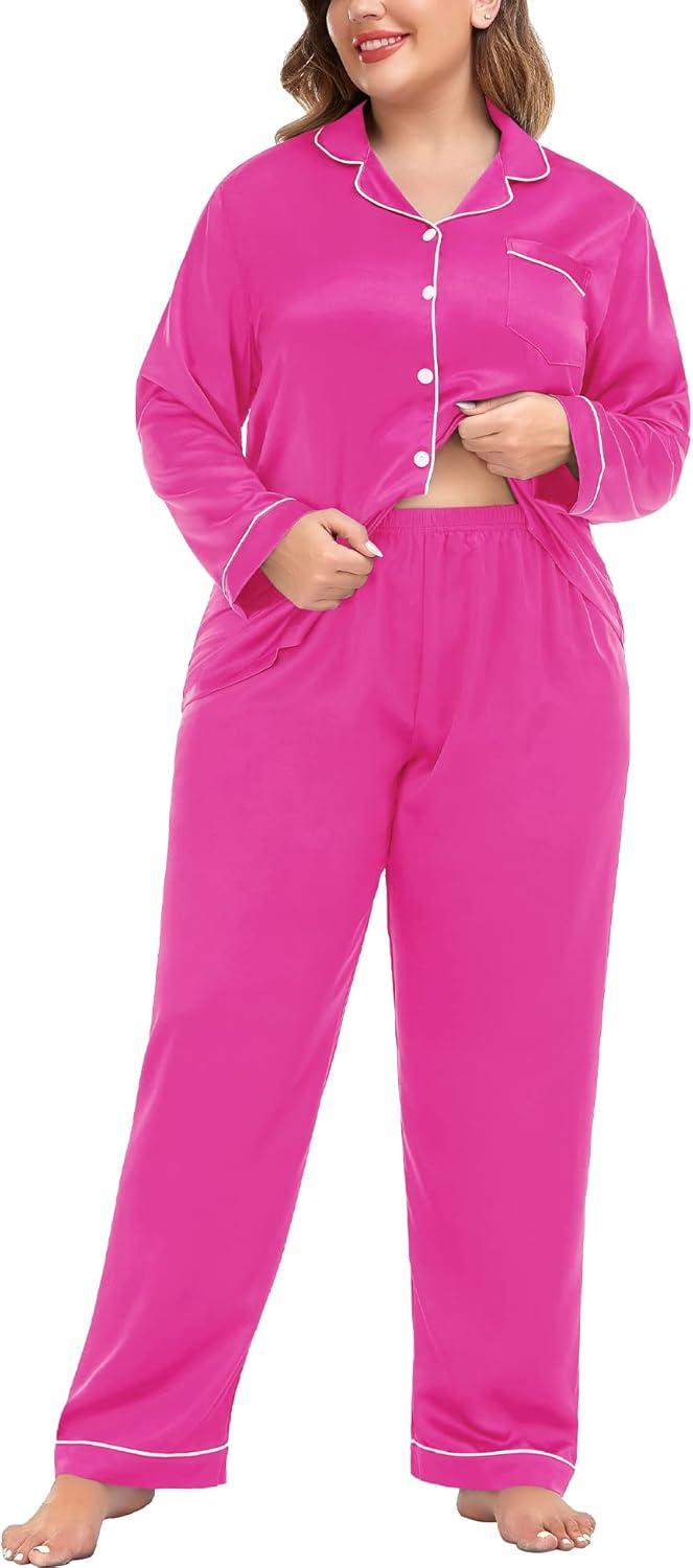 imageSWOMOG Womens Plus Size Pajamas Silky Pajama Set Button Down Sleepwear Classic Silk Pj Set Ladies Two Piece Loungewear SetRose Red