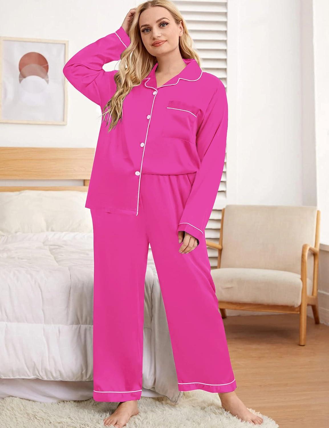 imageSWOMOG Womens Plus Size Pajamas Silky Pajama Set Button Down Sleepwear Classic Silk Pj Set Ladies Two Piece Loungewear SetRose Red