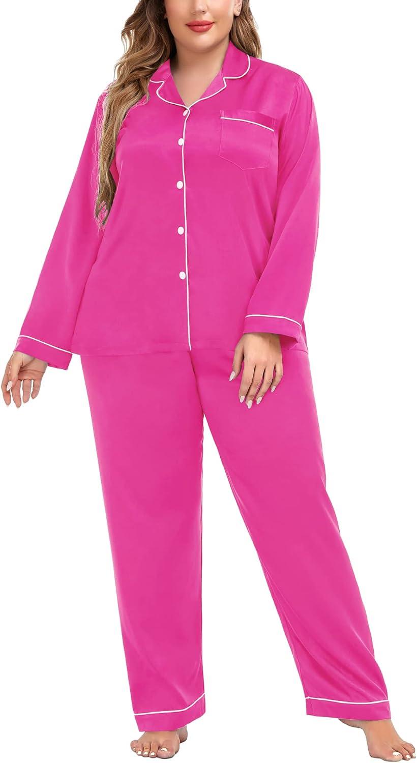 imageSWOMOG Womens Plus Size Pajamas Silky Pajama Set Button Down Sleepwear Classic Silk Pj Set Ladies Two Piece Loungewear SetRose Red