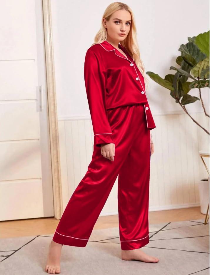 imageSWOMOG Womens Plus Size Pajamas Silky Pajama Set Button Down Sleepwear Classic Silk Pj Set Ladies Two Piece Loungewear SetScarlet Red