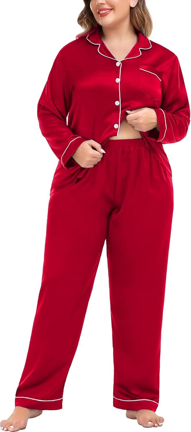 imageSWOMOG Womens Plus Size Pajamas Silky Pajama Set Button Down Sleepwear Classic Silk Pj Set Ladies Two Piece Loungewear SetScarlet Red