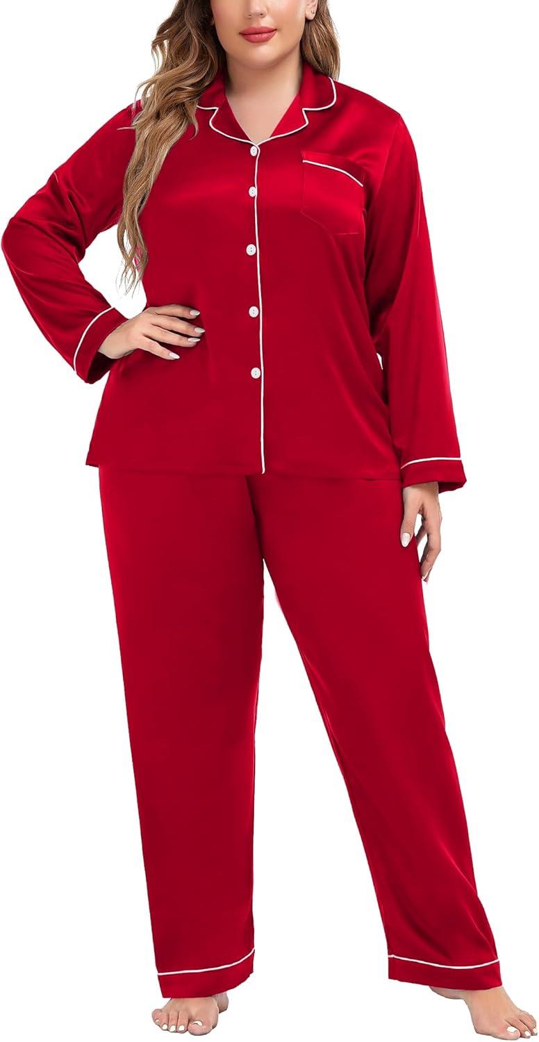 imageSWOMOG Womens Plus Size Pajamas Silky Pajama Set Button Down Sleepwear Classic Silk Pj Set Ladies Two Piece Loungewear SetScarlet Red
