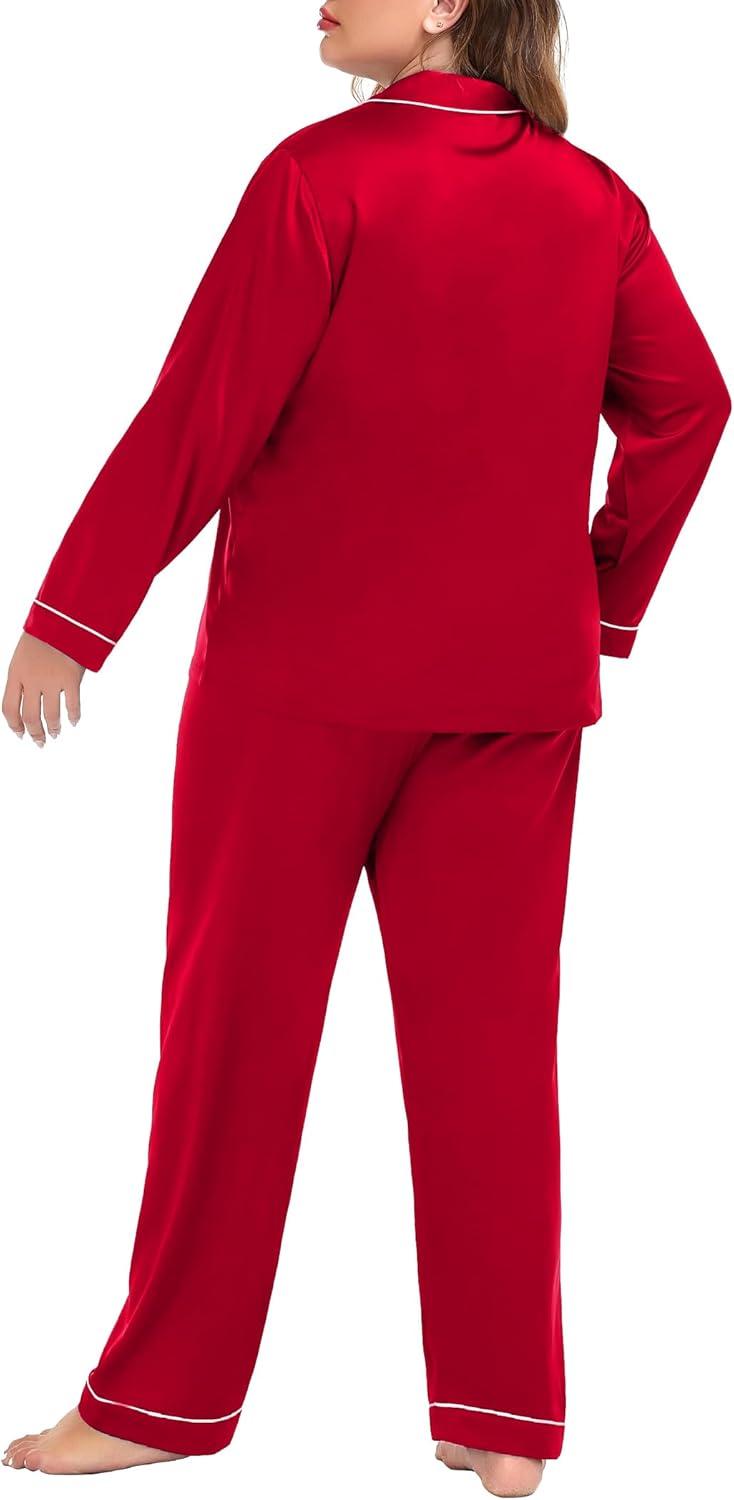 imageSWOMOG Womens Plus Size Pajamas Silky Pajama Set Button Down Sleepwear Classic Silk Pj Set Ladies Two Piece Loungewear SetScarlet Red