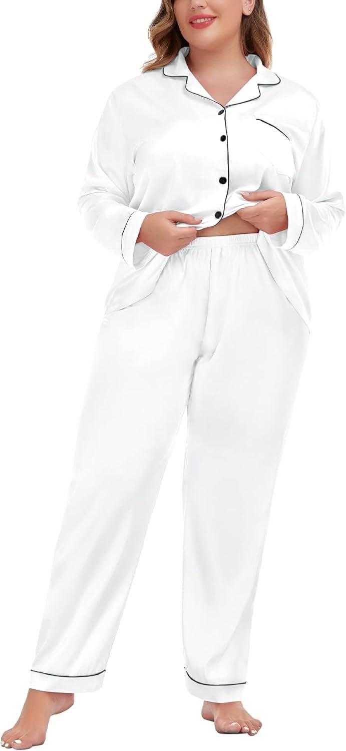 imageSWOMOG Womens Plus Size Pajamas Silky Pajama Set Button Down Sleepwear Classic Silk Pj Set Ladies Two Piece Loungewear SetWhite