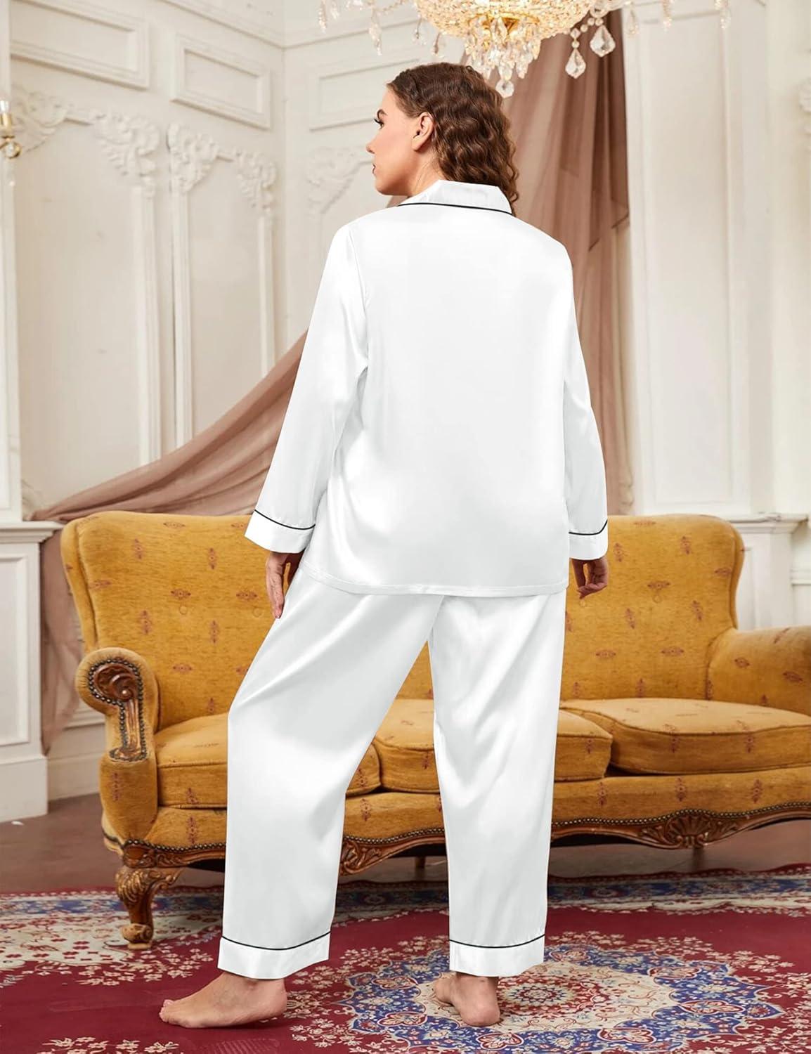imageSWOMOG Womens Plus Size Pajamas Silky Pajama Set Button Down Sleepwear Classic Silk Pj Set Ladies Two Piece Loungewear SetWhite