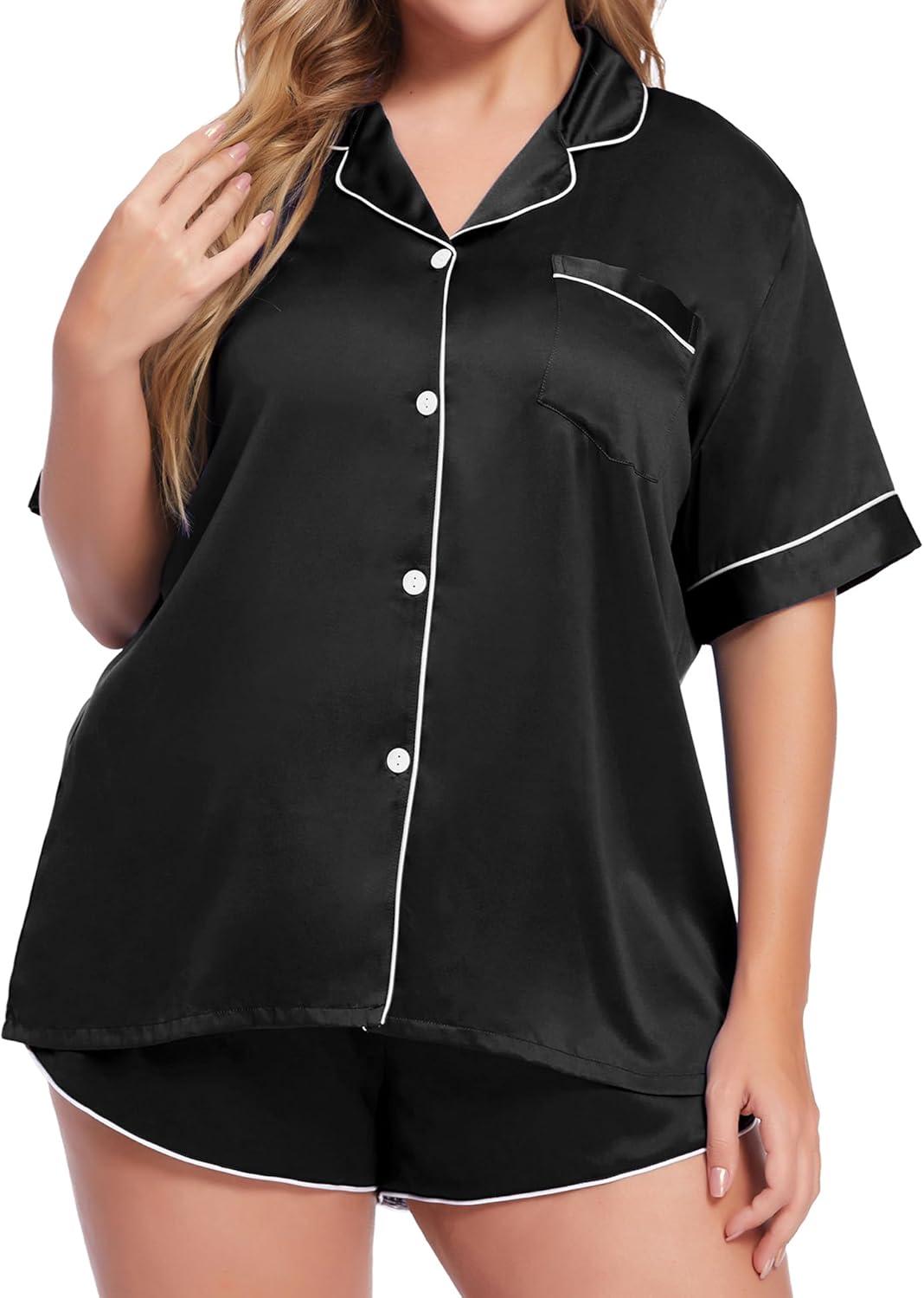 imageSWOMOG Womens Plus Size Satin Pajama Set Short Sleeve 2 piece Pj Sets Sleepwear Silk Button Down Loungewear Pjs Shorts SetBlack