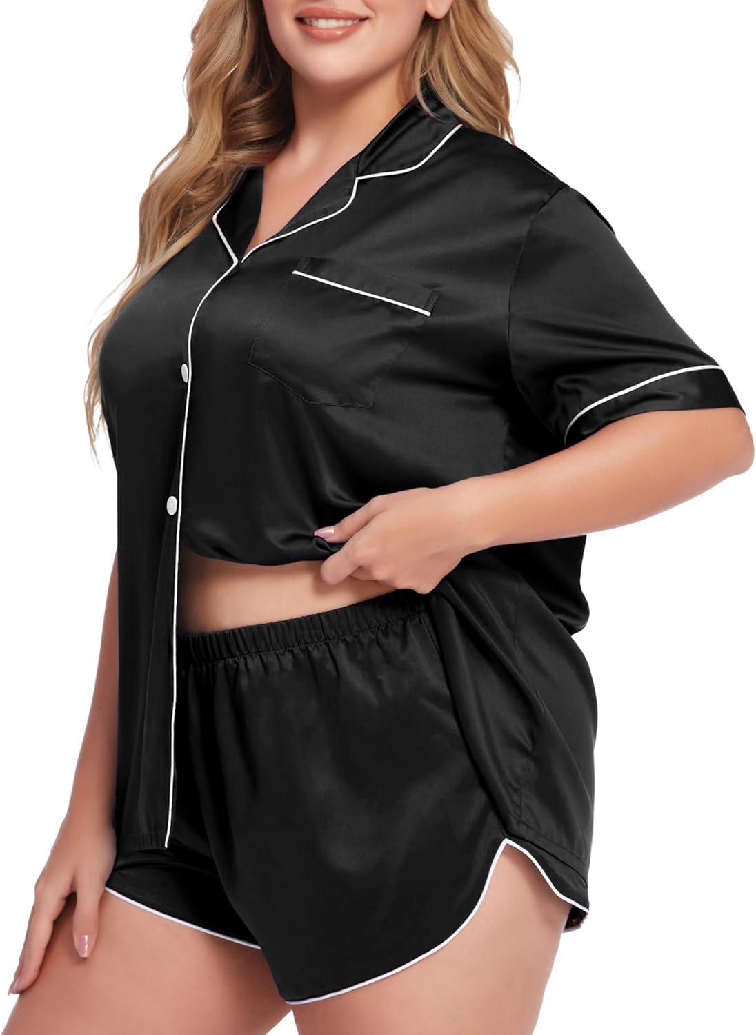 imageSWOMOG Womens Plus Size Satin Pajama Set Short Sleeve 2 piece Pj Sets Sleepwear Silk Button Down Loungewear Pjs Shorts SetBlack