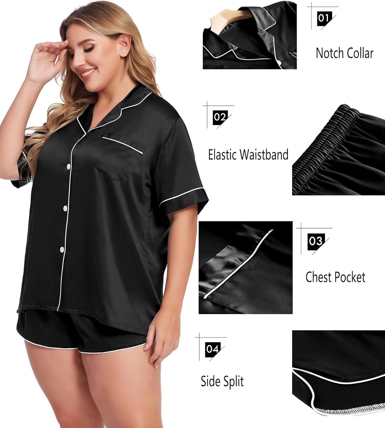 imageSWOMOG Womens Plus Size Satin Pajama Set Short Sleeve 2 piece Pj Sets Sleepwear Silk Button Down Loungewear Pjs Shorts SetBlack