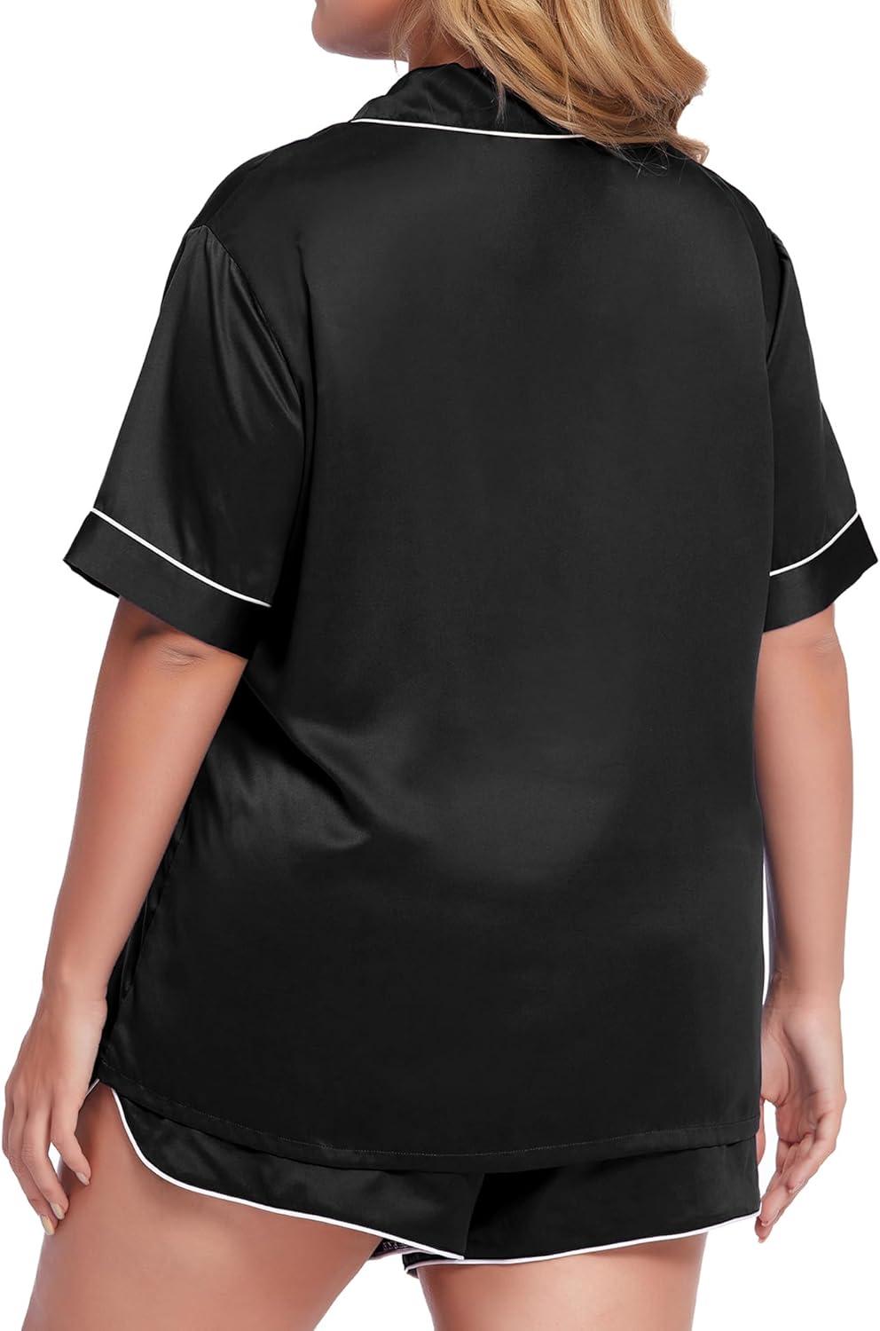 imageSWOMOG Womens Plus Size Satin Pajama Set Short Sleeve 2 piece Pj Sets Sleepwear Silk Button Down Loungewear Pjs Shorts SetBlack
