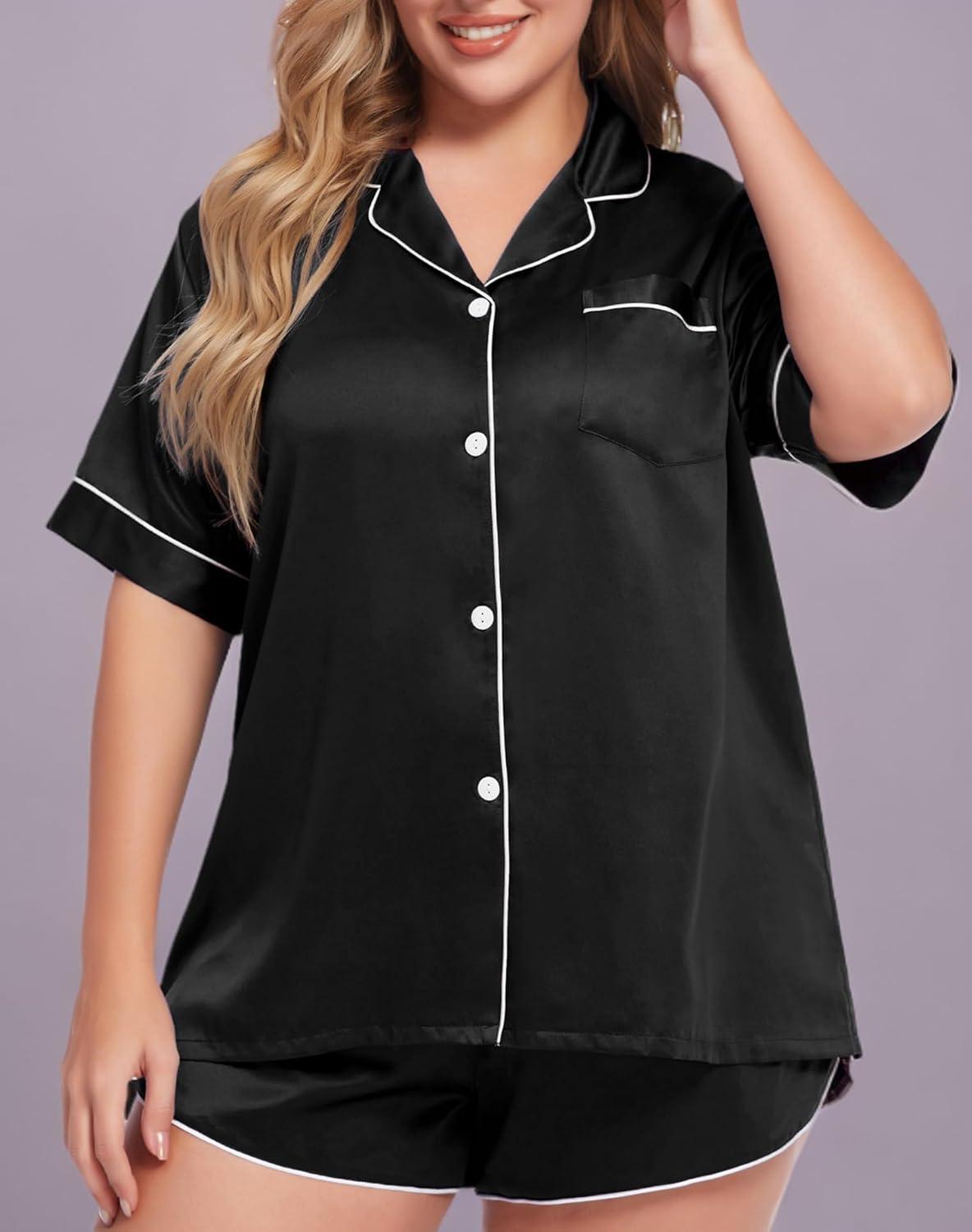 imageSWOMOG Womens Plus Size Satin Pajama Set Short Sleeve 2 piece Pj Sets Sleepwear Silk Button Down Loungewear Pjs Shorts SetBlack