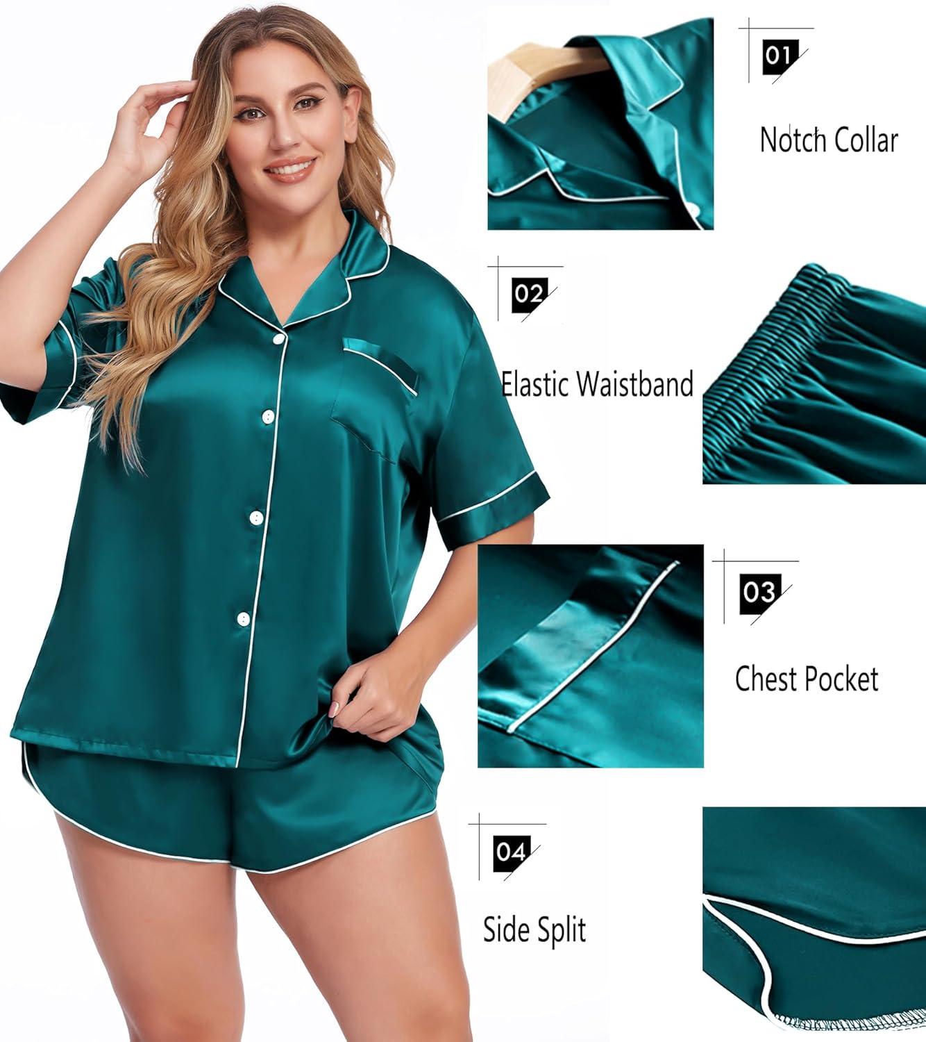 imageSWOMOG Womens Plus Size Satin Pajama Set Short Sleeve 2 piece Pj Sets Sleepwear Silk Button Down Loungewear Pjs Shorts SetGreen
